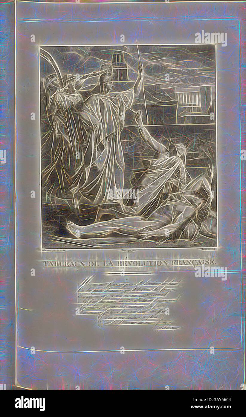 Eine künstlerische Darstellung historischer Figuren der Französischen Revolution, mit dynamischen Posen und einer dramatischen Szene, die ein Gefühl von Bewegung und Emotionen weckt. Der Text unten verweist auf die Themen der Revolution., Tische der Französischen Revolution, signiert: Fragonard fils inv. Et del, Coiny aqua forti; Malapeau Sculp, Abb. 1, vor S. I, Fragonard, Alexandre (Inv. Et del.); Coiny, Jacques-Joseph (Aqua forti); Malapeau, Claude Nicolas (sc.), Collection complète des tableaux historiques de la Révolution francaise en trois Bände [...]. Bd. 1. A Paris: chez Auber, Herausgeber Stockfoto
