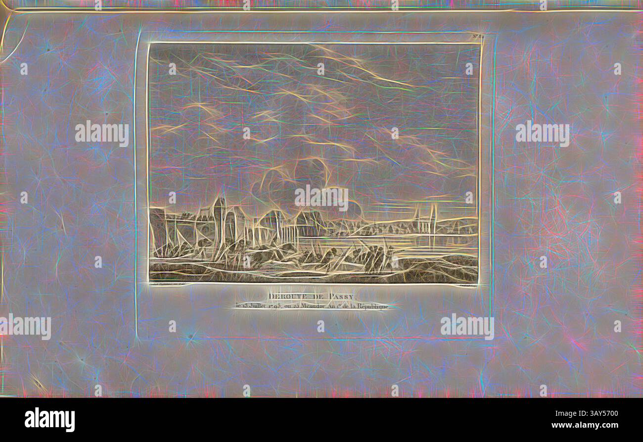 Eine ruhige Landschaft, die eine ferne Stadt darstellt, umgeben von sanften Hügeln, unter einem weitläufigen Himmel voller texturierter Wolken. Die Szene fängt eine Mischung aus Natur und Zivilisation ein, mit Umrissen von Gebäuden und Bäumen, die eine harmonische Aussicht schaffen., Rout of Passy am 13. Juli 1793 oder 25 Messidor Jahr 1 der Republik, Miliz nahe Pacy-sur-Eure am 13. Juli 1793, signiert: Sweebach Desfontaines inv. Et del, Berthault Sculp, Abb. 17, nein 84, nach S. 340 (Quatre-vintg-quatrième tableau), Swebach de Fontaine, Jacques Francois Joseph (Inv. Et del.); Berthault, Pierre-Gabriel (sc.), Collection complète Stockfoto