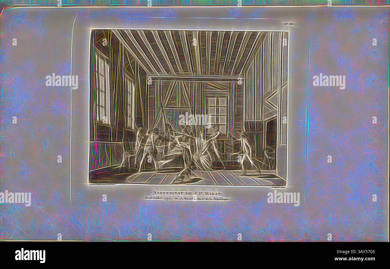 Eine dramatische Szene fängt eine Gruppe von Figuren ein, die sich in einem spannungsgeladenen Moment befinden, in einem spärlich dekorierten Innenraum. Die dynamischen Posen deuten auf eine plötzliche Handlung oder Konfrontation hin, die ein Gefühl von Dringlichkeit und Emotionen weckt. Die Komposition betont den Kontrast zwischen Licht und Schatten und verstärkt die Intensität des Ereignisses., Ermordung von J. P. Marat, 13. Juli 1793, oder 25 Messidor, Jahr 1 der Republik, Ermordung von Jean Paul Marat am 13. Juli 1793 im Badezimmer, signiert: Sweebach Desfontaines inv. Et del, Berthault Sculp, Abb. 16, nein 83, S. 336 (Quatre-vingt-troisième tableau Stockfoto
