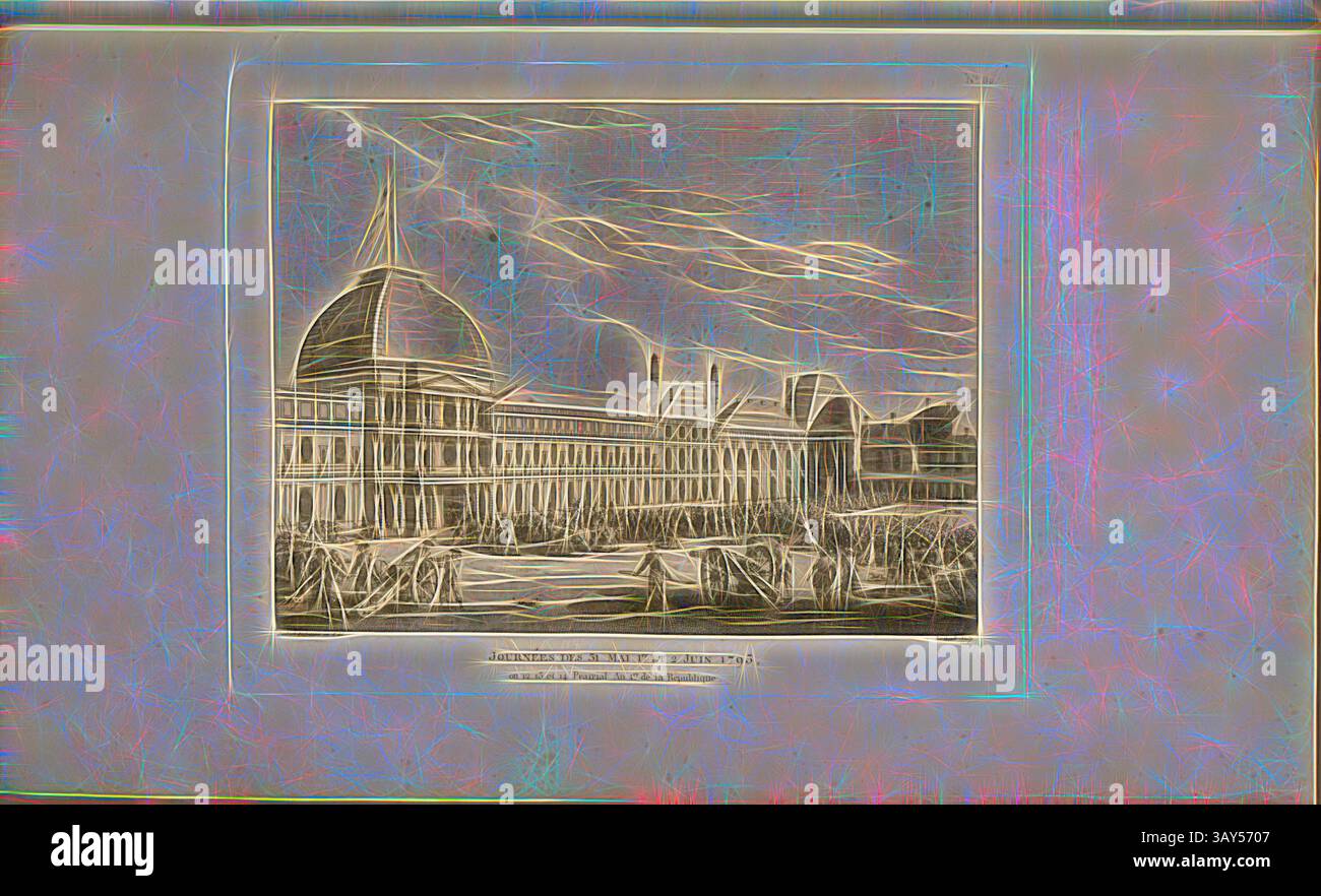 Eine architektonische Illustration mit einem großen Gebäude mit komplizierten Details und einer markanten Kuppel, umgeben von Bäumen und einer offenen Landschaft unter einem dynamischen Himmel., 31. Mai 1. Und 2. Juni 1793 oder 12. Und 14. Präirialjahr 1. Der Republik, Aufstand der Pariser Sans-Culottes vom 31. Mai bis 2. Juni 1793, Bedrohung des Klosters im Tuilerienhof, signiert: Sweebach Desfontaines inv. Et del, Berthault Sculp, Abb. 13, nein 80, nach S. 320 (Quatre-vingtième tableau), Swebach de Fontaine, Jacques Francois Joseph (Inv. Et del.); Berthault, Pierre-Gabriel (sc.), Sammlung Stockfoto