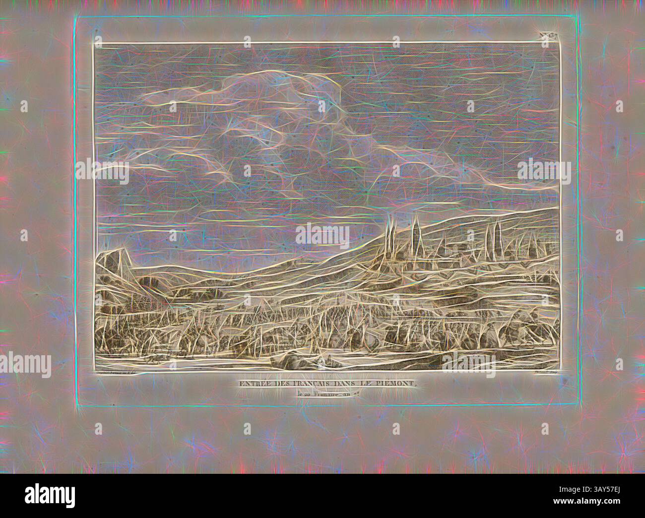 Eine ruhige Landschaft mit sanften Hügeln, weit entfernten Gipfeln und einem dramatischen Himmel, die eine Mischung aus natürlicher Schönheit und komplizierten Details zeigt., Eintritt der Franzosen in Piemont, das 20 Frimaire, Jahr 7., französische Truppen marschieren am 6. Dezember 1798 im Piemont, signiert: Duplessi-Bertaux inv. Et del, Desaulx Sculp, Abb. 70, nein 137, nach S. 552 (Cent trente-septième tableau), Duplessi-Bertaux, Jean (Inv. Et del.); Desaulx, Jean (sc.), Collection complète des tableaux historiques de la Révolution francaise en trois Bände [...]. Bd. 2. A Paris: chez Auber, Herausgeber, et seul Propriétaire: De l' Stockfoto