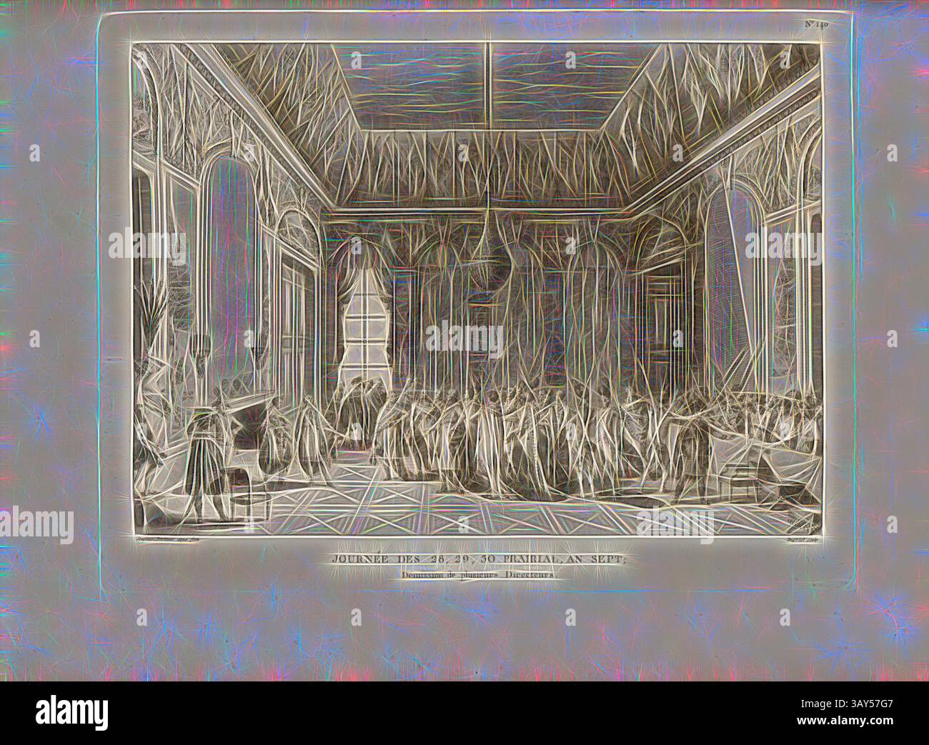 Eine großartige Inneneinrichtung mit einer Sammlung von Figuren in aufwendig verzierten Gewändern. Die Architektur zeichnet sich durch hohe Bögen und komplizierte Muster aus, die eine Atmosphäre von Bedeutung und Festlichkeit schaffen. Die Komposition fängt einen Moment der Interaktion oder Diskussion unter den Teilnehmern ein und schlägt Themen des Dialogs oder der Zeremonie vor., Tag 28, 29, 30 Prairial, an Sieben; Rücktritt mehrerer Direktoren, Philippe-Antoine Merlin und Louis-Marie de La Révellière-Lépeaux im Palais du Luxembourg beim Staatsstreich des 30. Prairial VII im Juni 1799, unterzeichnet: Duplessi-Bertaux Stockfoto