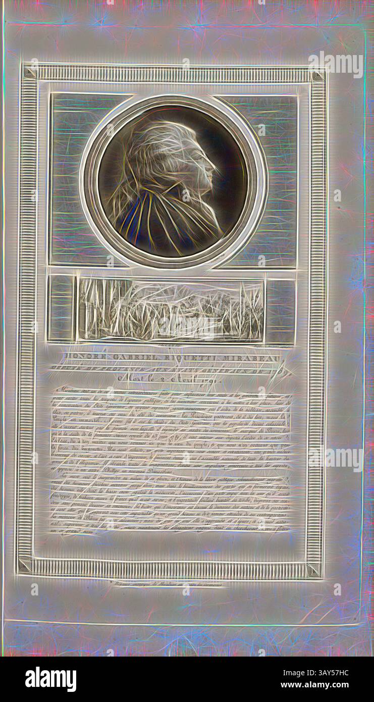 Eine detaillierte Gravur mit einem markanten Porträt oben, begleitet von komplexen dekorativen Elementen und Scrollarbeiten. Unter dem Porträt befindet sich eine stilisierte Darstellung einer natürlichen Szene, eingerahmt von elegantem Text, der wichtige Informationen zu dokumentieren scheint. Das Gesamtdesign zeigt eine Mischung aus Kunstfertigkeit und historischer Bedeutung., geehrt Gabriel Riquetti Mirabeau, Stellvertreter der Provence bei den Generalständen von 1789, gestorben 2. April 1791, Porträt von Honoré Gabriel de Riqueti, Comte de Mirabeau und Mirabeau antwortet den Meister der Zeremonien, signiert: Levachez Sculp, Duplessi-Bertaux inv Stockfoto