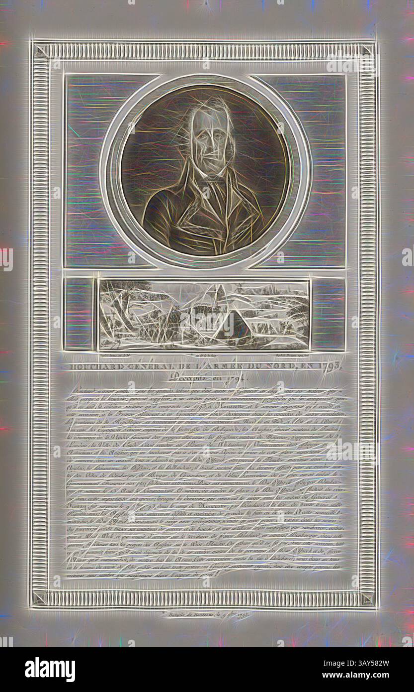 Ein historisches Porträt eines Mannes, umgeben von dekorativen Elementen, mit einem gravierten Bild unten und einer fließenden Schrift oben, die eine Mischung aus Kunstfertigkeit und Text zeigt, die seine Bedeutung unterstreicht., General Houchard von der Armee des Nordens, 1793, enthauptet 1794, Porträt von Jean-Nicolas Houchard und Schlacht von Hondschoote, signiert: Levachez Sculp, Duplessi-Bertaux inv. Et del, Duplessi-Bertaux Aqua forti, Abb. 43, S. 32 (Constitution de la république), Levachez, Charles Francois Gabriel (sc.); Duplessi Bertaux, Jean (inv. Et del.; Aqua forti), Collection complète des tableaux Stockfoto