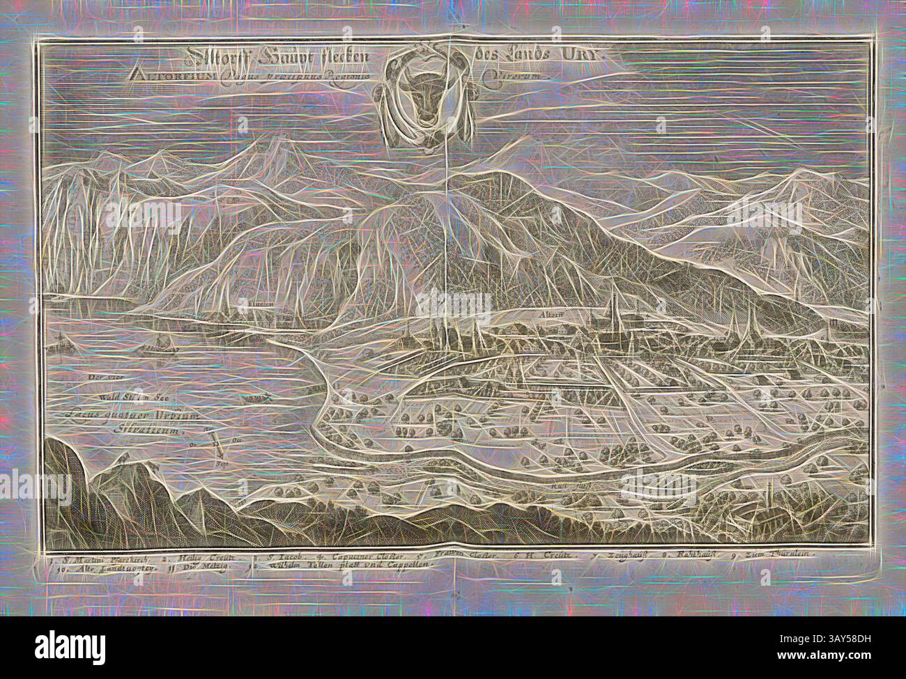Eine komplizierte Karte zeigt eine bergige Landschaft und zeigt ein detailliertes Layout der Siedlungen und natürlichen Besonderheiten. Eine markante Figur an der Spitze symbolisiert die Region, während Linien und Texturen ein Gefühl von Tiefe und historischer Bedeutung vermitteln., Altorff - Principal Patch des Landes Ury, Altdorf mit Vierwaldstättersee und Flüelen im Kanton URI, Abb. 26, gem. S. 38, Matthaeus Merian der Ältere: Topographia Helvetiae, Rhaetiae, et Valesiae: das ist, Beschreibung und eygentliche Abbildung der vornehmsten Stätte und Plätze in der hochlöblichen Eydgnossschafft, Graubündten, Wallis Stockfoto