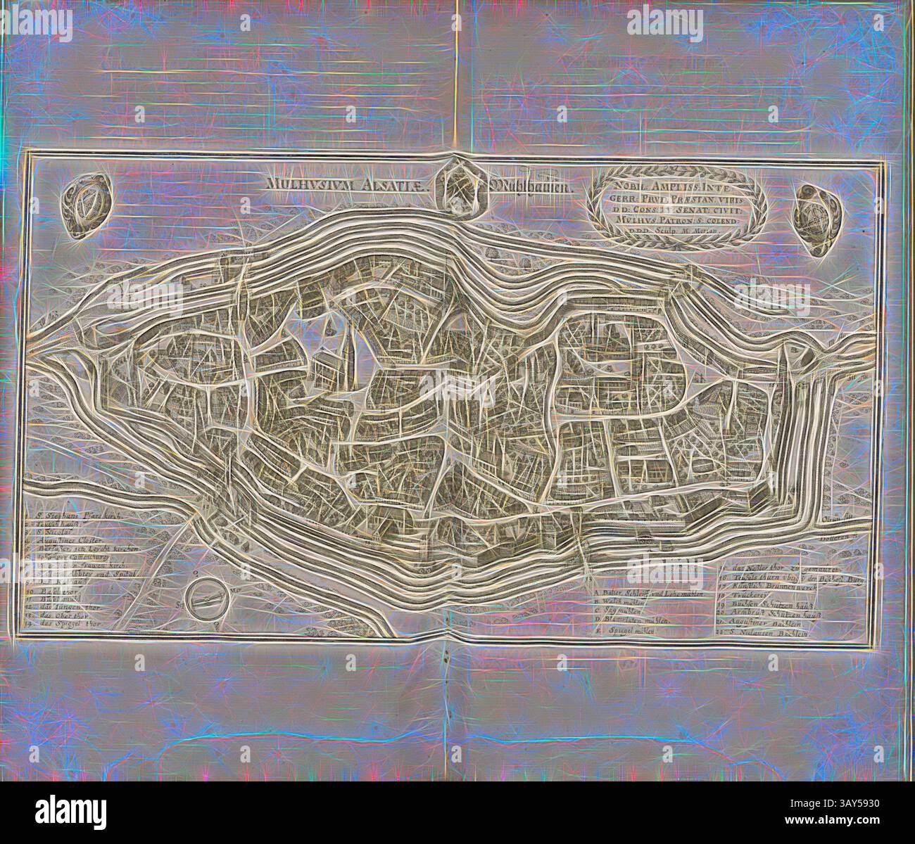 Eine komplexe Karte zeigt ein detailliertes Layout einer Stadt mit Straßen, Gebäuden und geografischen Merkmalen und künstlerischen Verzierungen rund um den Umkreis. Der Entwurf schlägt einen historischen Kontext vor, der die architektonischen Stile und die Planung einer bestimmten Epoche widerspiegelt., Mulhusium Alsatiae - Muhlhausen, Mulhouse im Elsass, signiert: Sculp., M. Merian, Abb. 61, gemäß S. 64, Merian, Matthäus der Ältere (sc.), Matthaeus Merian der Ältere: Topographia Helvetiae, Rhaetiae, et Valesiae: das ist, Beschreibung und eygentliche Abbildung der vornehmsten Stätte und Plätze in der hochlöblichen Stockfoto