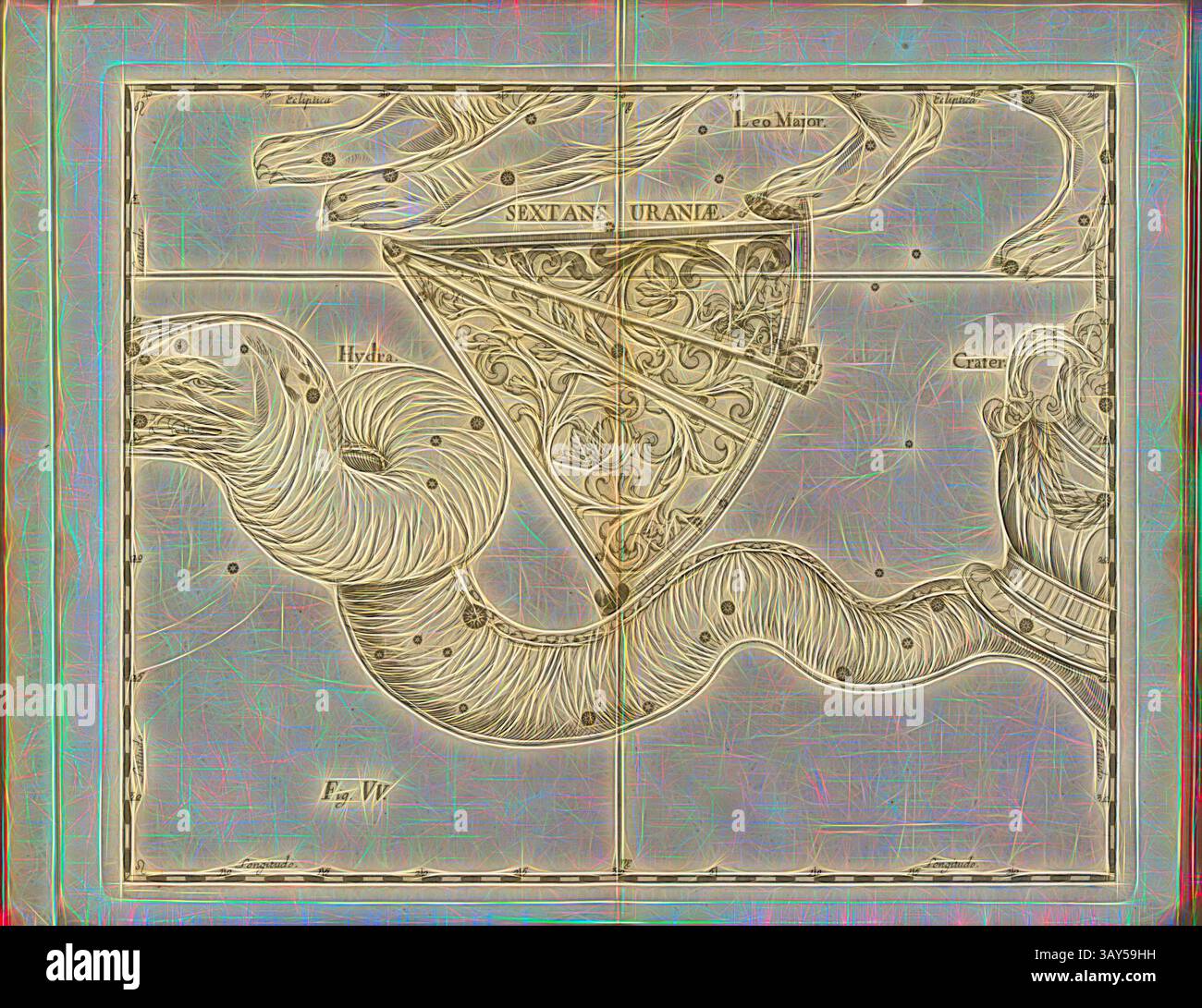 Eine komplizierte Himmelskarte mit verschiedenen Sternbildern, darunter eine sich windende hydra und aufwendig gestaltete Banner, die die Wunder des Nachthimmels zeigen. Das Design ist mit schwindelnden Linien und kunstvollen Details versehen, die die mythologische Bedeutung der Sterne hervorheben., Sextans, Karte des Sternbildes Sextant, Abb. 48, Abb., bis S. 21, Johannes Hevelius, Johann Ernst von Schmieden: Johannis Hevelii prodromus astronomiae, exhibens fundamenta, quae tam ad novum planè & correctiorem stellarum fixarum catalogum construendeum, quàm ad onmium planetarum tabulas corrigendas omnimodè spectant Stockfoto