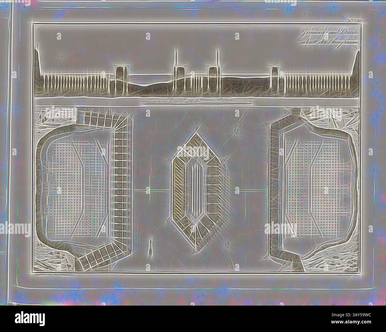 Ein detailliertes Luftbild eines Sportkomplexes mit mehreren Stadien und umgebender Infrastruktur, betont geometrische Muster und organisierte Bereiche für sportliche Veranstaltungen. Grundriss und Durchschnitt der Dämme, Fangdämme bei der Franzensbrücke in Wien, signiert von Jos., Lantz, Joh. Spiegl., Sculp, N. VIII, Lántz, József (gez.); Spiegl, Johann (sc.), József Lántz: Franzens Brücke zu Wienn. [S.l.]: [S.n.], [1805], Klassische Kunst mit modernem Touch, neu interpretiert von Artotop Stockfoto