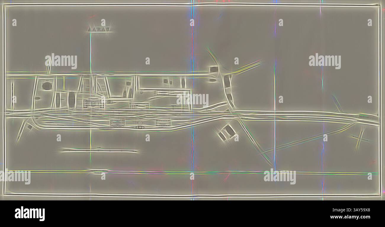 Ein detailliertes Layout eines Komplexes mit verschiedenen miteinander verbundenen Abschnitten, Leitungen und Strukturen. Das Design betont die Anordnung und den Fluss des Gebiets und hebt die wichtigsten Merkmale und ihre Beziehungen zueinander hervor., Aarau, Karte der Station Aarau 1871, signiert: LITH. Anstalt von Wurster, Randegger & Co, Seite 1, Lith. Anstalt von Wurster, Randegger & Co (lith.), 1871, Atlas der Schweizerischen Nordostbahn: Bahn - Bau - Oberingenieur. [Winterthur]: [Wurster - Randegger], [1866-1871], Klassische Kunst mit modernem Twist, neu interpretiert von Artotop Stockfoto