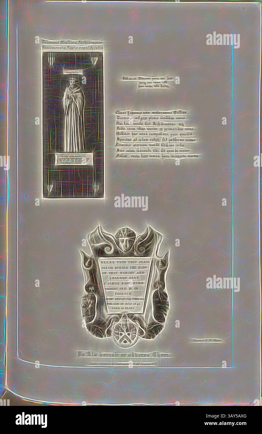 Eine kunstvolle Seite zeigt eine detaillierte Illustration einer feierlichen Figur in einem fließenden Gewand, begleitet von Inschriften, die die Figur und ihre Bedeutung zu beschreiben scheinen. Unten ist ein dekoratives Schild-ähnliches Emblem mit Symbolen und Text verziert, die Themen der Ehre oder Erinnerung andeuten., Job. Mullins Simon Baskervile Proof. AUR. Im Nordflügel auf der gegenüberliegenden Seite des Chors befindet sich das Grab von John Mullins und Sir Simon Baskerville, signiert von W. Find; herausgegeben von Lackington & Co. Und Longman & Co., PL. XXVI, S. 70, Finden, W. (Gravur); Lackington & Co (publ.); Longman & Co. ( Stockfoto