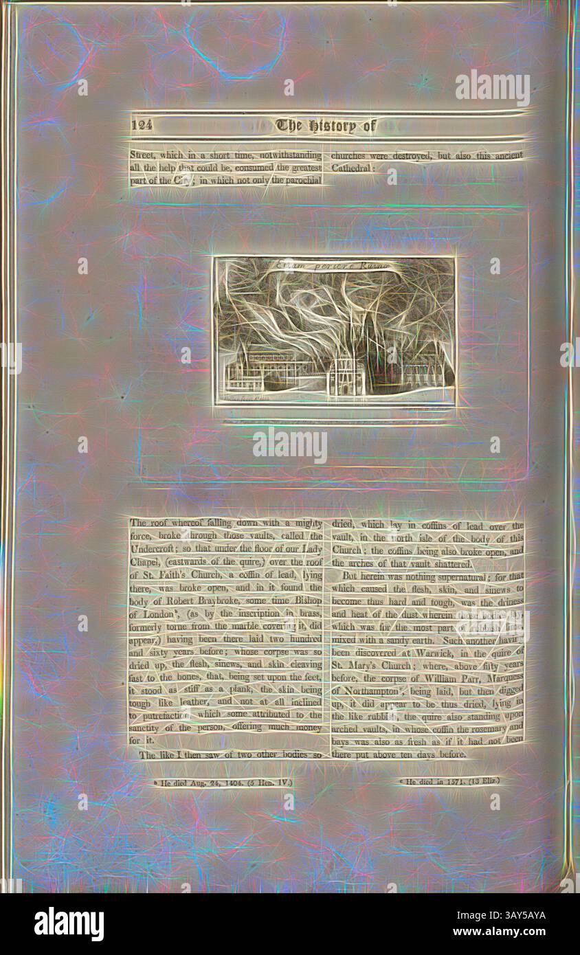 Eine illustrierte Seite mit einer historischen Darstellung eines bedeutenden Ereignisses, mit komplizierten Linienzeichnungen von Gebäuden und atmosphärischen Details, die sie umgeben, begleitet von beschreibendem Text, der Kontext und Hintergrundinformationen bietet., aus einer Vignette in der Titelseite der Erzbischof Sancroft Premon on the Fire of London, graviert von Hollar 1666, Burning Old St Paul's Cathedral in London 1666, signiert: W. Hollar fecit A. 1666; graviert von W. Finde; veröffentlicht von Lackington & Co. Und Longman & Co., PL. XLV, S. 124, Hollar, Wenzel (fec); Finden, W. (Gravur); Lackington & Co (publ Stockfoto