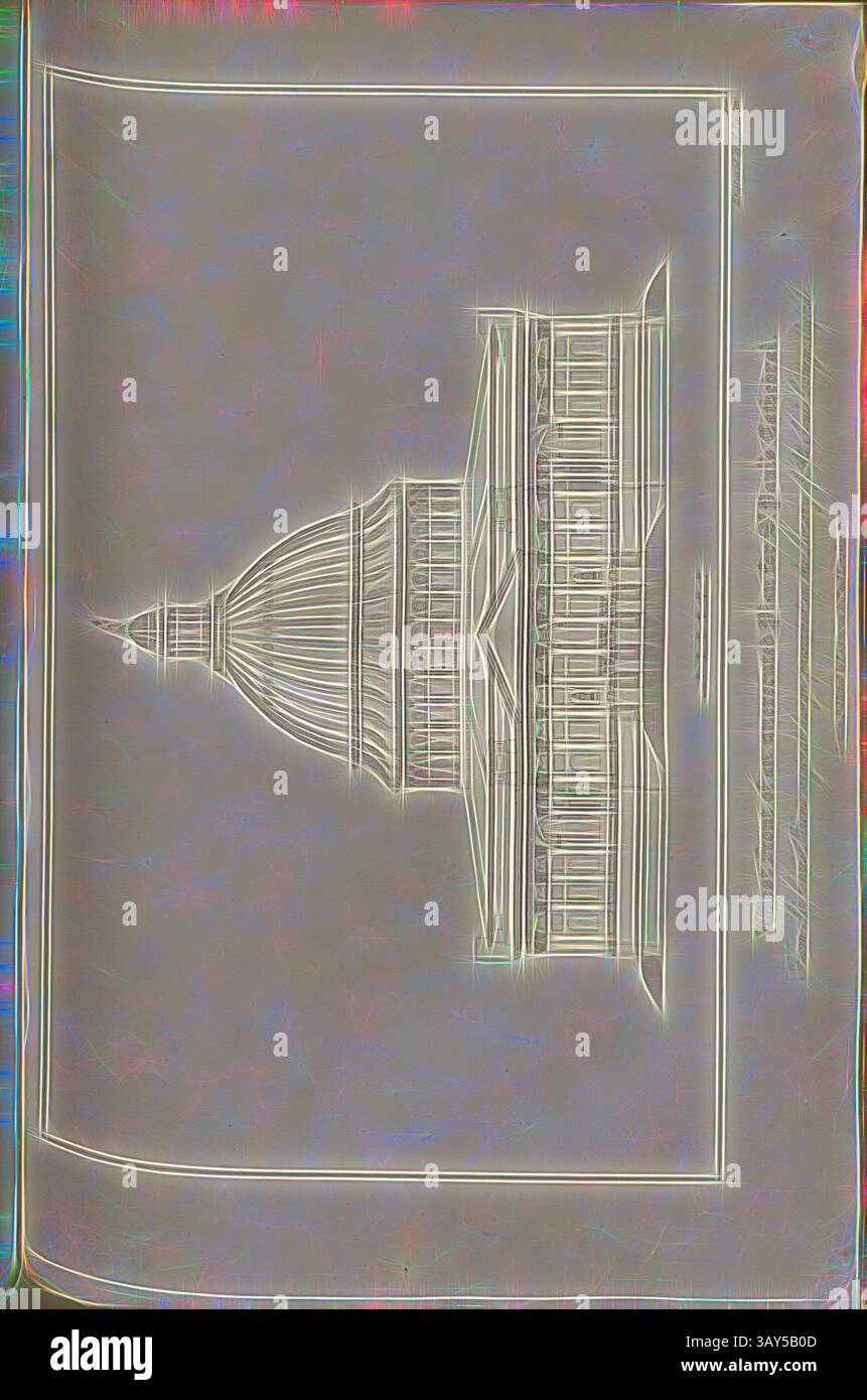 Eine stilisierte Darstellung einer markanten architektonischen Struktur mit einer markanten Kuppel und komplizierten Details, vor einem subtilen Hintergrund. Westfront eines unausgeführten Plans für die St. Paul's Cathedral ..., Sir Christopher Wens erster Entwurf für die St. Paul's Cathedral in London, signiert: Graviert von W. Find; herausgegeben von Lackinton & Co. Und Longman & Co., PL. XLVI, S. 130, Finden, W. (Gravur); Lackington & Co. (Publ.); Longman & Co. (Publ.), William Dugdale, Henry Ellis: Die Geschichte der Saint Paul's Cathedral in London, von ihrer Gründung: Extrahiert aus Originalurkunden, Aufzeichnungen Stockfoto