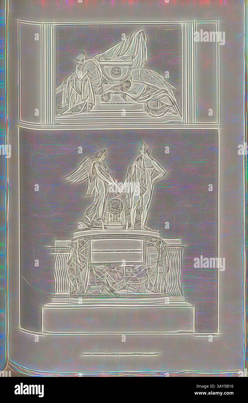 Eine komplexe künstlerische Wiedergabe mit zwei unterschiedlichen Panels. Die obere Platte zeigt einen Wagen, während die Unterseite eine Statue von zwei Figuren zeigt, möglicherweise Personifizierungen von Tugenden, die Hände halten und auf einer Basis stehen, die mit aufwendigen Entwürfen geschmückt ist., Denkmäler für Kapitän R. R. Burgess und Kapitän G. N. Hardinge, Denkmäler für Captain Richard Rundle Burges und George Nicholas Hardinge, signiert: Gezeichnet von H. Corbould; graviert von C. Heath; herausgegeben von Lackington & Co. Und Longman & Co., PL. LII, nach S. 202, Corbould, H. (Zeichnung); Heath, C. (Gravur); Lackington & Co. (Pub.); Longman & Co Stockfoto