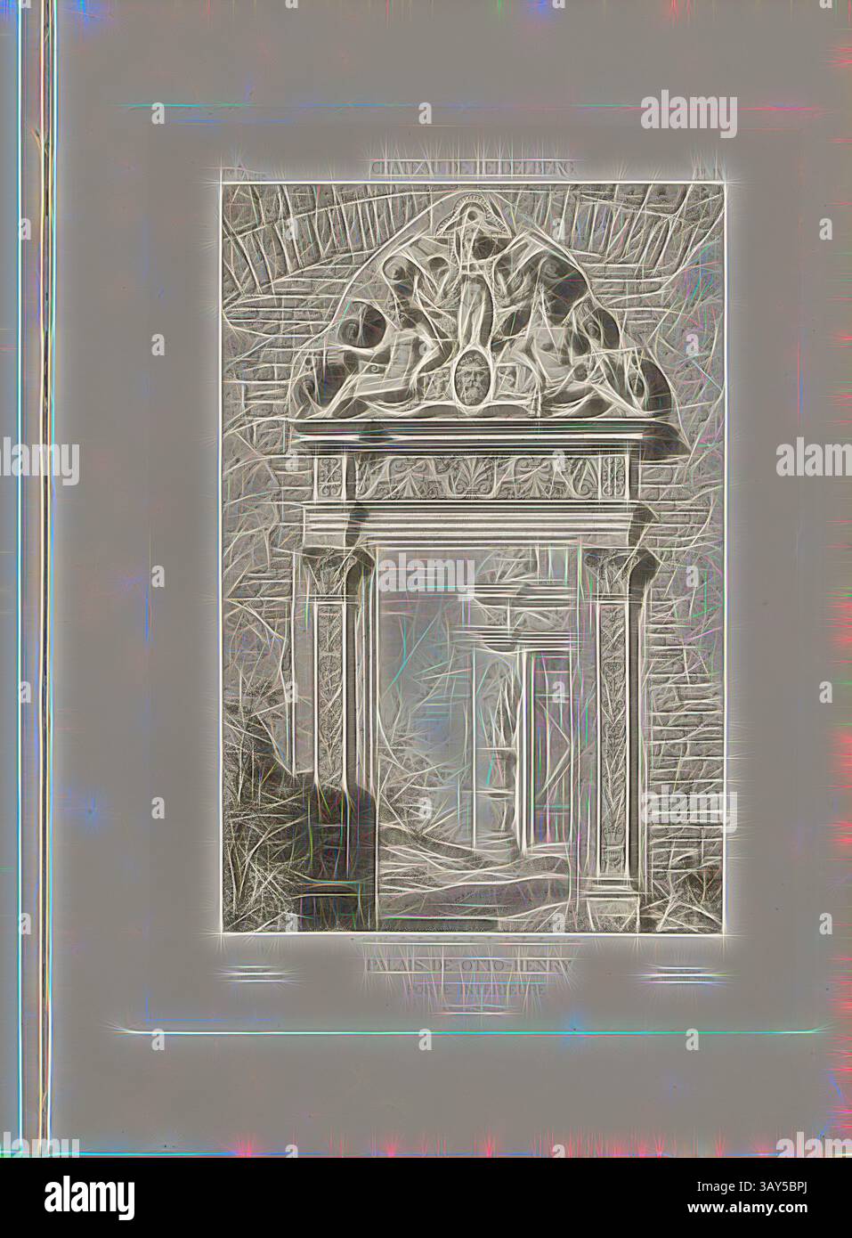 Ein aufwendig gestaltetes architektonisches Merkmal mit kunstvollen Details und einem zentralen Bogen, eingerahmt von strukturierten Elementen, die ein Gefühl von Tiefe und Geschichte wecken., Heidelberger Schloss, Schloss Otto Heinrich, Innentür, Tür zum Ottheinrich-Gebäude des Heidelberger Schlosses, signiert: Dessiné et Gravé par Rodolphe Pfnor; Imprimé von F. Chardon aîné, Abb. 11, Teil 1, Pl. IX, nach S. 16, Pfnor, Rodolphe (dessiné et gravé); Chardon, F. aîné (imprimé), Rodolphe Pfnor, Daniel Ramée: Monographie du Château de Heidelberg. Paris: A. Morel et Cie, Editeurs, 1859, Klassische Kunst mit einem modernen Twist neu interpretiert von Stockfoto