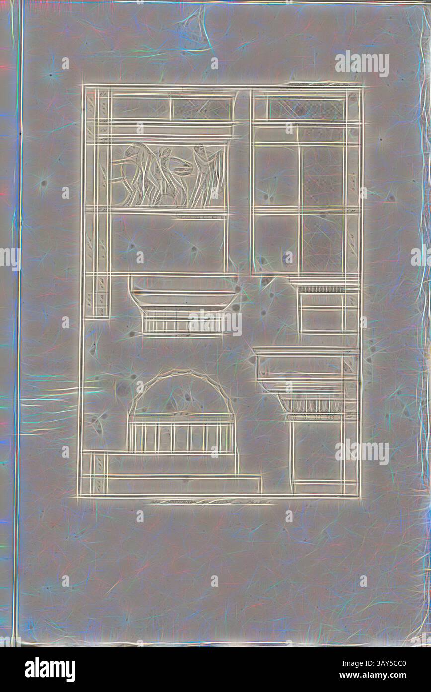 Ein stilisiertes architektonisches Design mit einer Reihe von geometrischen Formen und Mustern, das eine Mischung aus offenen Räumen und strukturierten Elementen zeigt, die an modernistische Einflüsse erinnern., das Parthenon nach Athen. Pl. VII, Hauptstadt und Eingliederung der Säulen der Parthenon-Veranda auf der Akropolis in Athen, PL. I, Dev. VI, 1829, James Stuart, Revett Nicholas: Die Alterthümer zu Athen. Erster Theil. Leipzig und Darmstadt: Verlag von Carl Wilhelm Leske, [1829], Klassische Kunst mit modernem Twist von Artotop neu interpretiert Stockfoto
