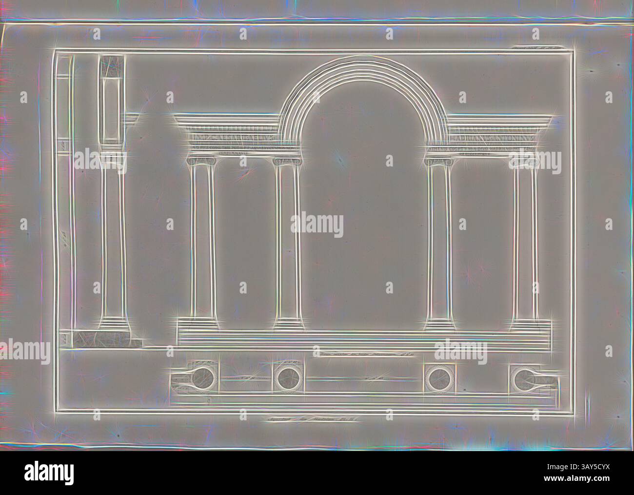 Ein aufwendig gestaltetes architektonisches Element mit anmutigen Säulen und einer bogenförmigen Öffnung, die klassische Motive und Symmetrie zeigt. Aquaduct des Hadrian. Pl. II, Grundriss, Höhe und Durchschnitt des Aquädukts (Hadrian) in Athen, PL. VIII, Lief. XI, 1829, James Stuart, Revett Nicholas: Die Alterthümer zu Athen. Erster Theil. Leipzig und Darmstadt: Verlag von Carl Wilhelm Leske, [1829], Klassische Kunst mit modernem Twist von Artotop neu interpretiert Stockfoto