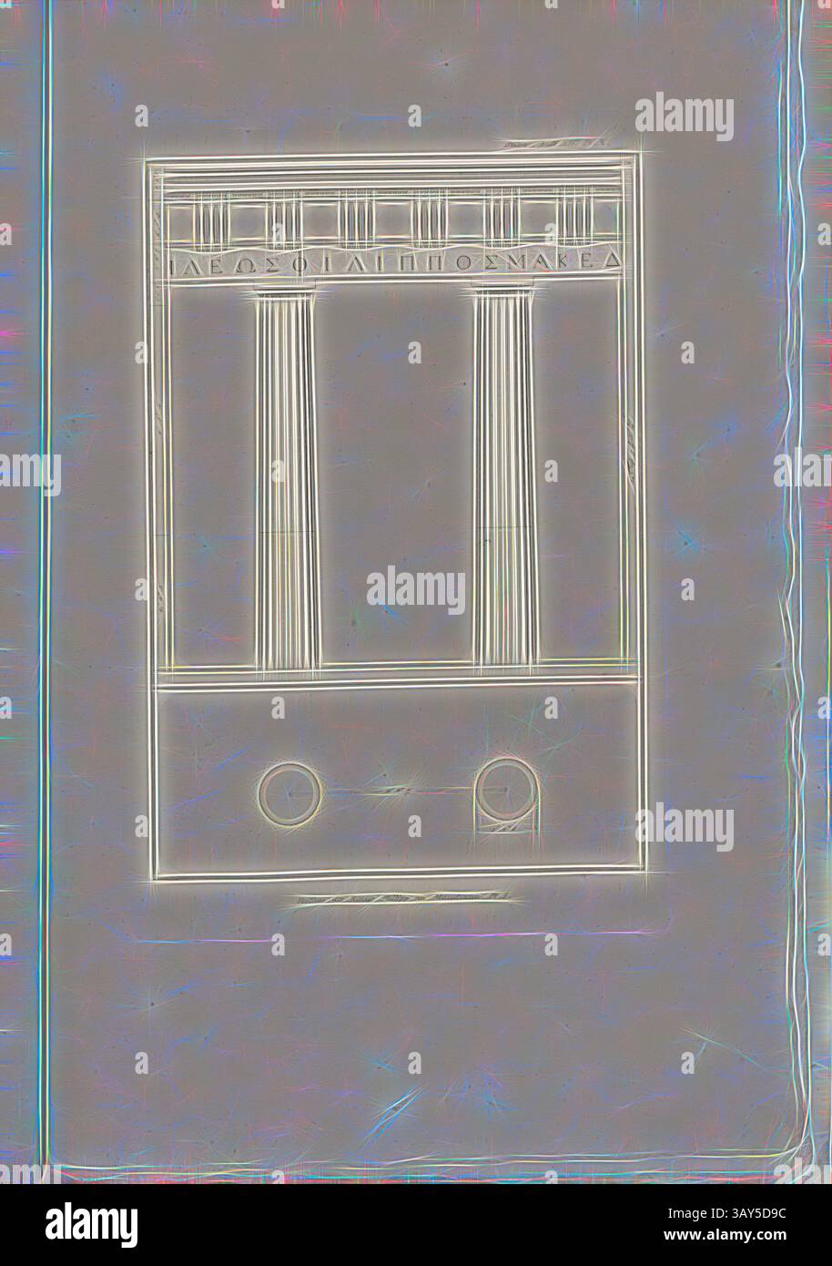 Ein architektonisches Design mit einer Struktur mit zwei hohen Säulen, die oben mit dekorativen Elementen verziert sind, die einen klassischen Einfluss vermuten lassen. Die Gesamtkomposition ist in einem rechteckigen Rahmen eingerahmt, was ihr ein strukturiertes Aussehen verleiht., Porticus des Königs Philipp von Mazedonien. Pl. Ich, Grundriss und Höhe des Philipp Portikus auf Delos, PL. X, Lief. XIV, 1829, James Stuart, Revett Nicholas: Die Alterthümer zu Athen. Erster Theil. Leipzig und Darmstadt: Verlag von Carl Wilhelm Leske, [1829], Klassische Kunst mit modernem Twist von Artotop neu interpretiert Stockfoto
