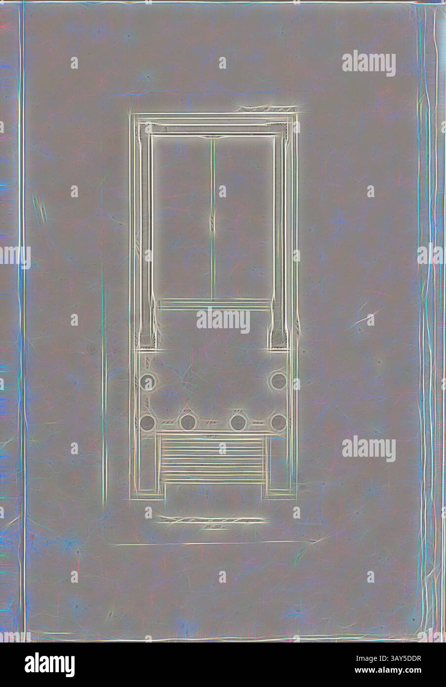 Eine detaillierte Abbildung eines einfachen, minimalistischen Eingangs mit einer vertikalen Platte, flankiert von zwei runden Griffen unten. Das Design betont klare Linien und geometrische Formen. Tempel der Roma und August. Pl. III, Grundriss des Augustus-Tempels in Pula (Kroatien), PL. IX, Lief. XVI, 1829, James Stuart, Revett Nicholas: Die Alterthümer zu Athen. Erster Theil. Leipzig und Darmstadt: Verlag von Carl Wilhelm Leske, [1829], Klassische Kunst mit modernem Twist von Artotop neu interpretiert Stockfoto