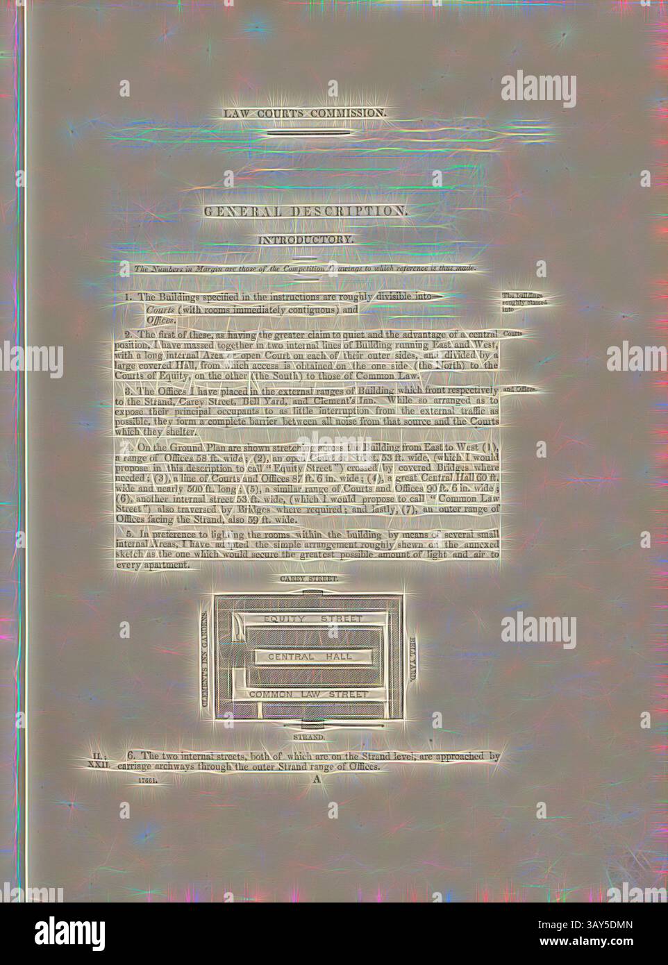 Ein amtliches Dokument mit allgemeinen Beschreibungen zu einer justizkommission, mit einer detaillierten Einführung und einem strukturierten Layout. Abschnitte enthalten Verweise auf verschiedene Orte, wie Court Street und Central Hall, in denen ihre Bedeutung und ihre Rolle im Rahmen der kommission detailliert dargelegt werden., Innenbereiche statt Beleuchtung der Räume innerhalb des Gebäudes, Anordnung der Gebäude der Royal Courts of Justice in London nach Alfred Waterhouse Plan betreffend gute Beleuchtung und Belüftung, S. 1, Alfred Waterhouse: Allgemeine Beschreibung des Stockfoto