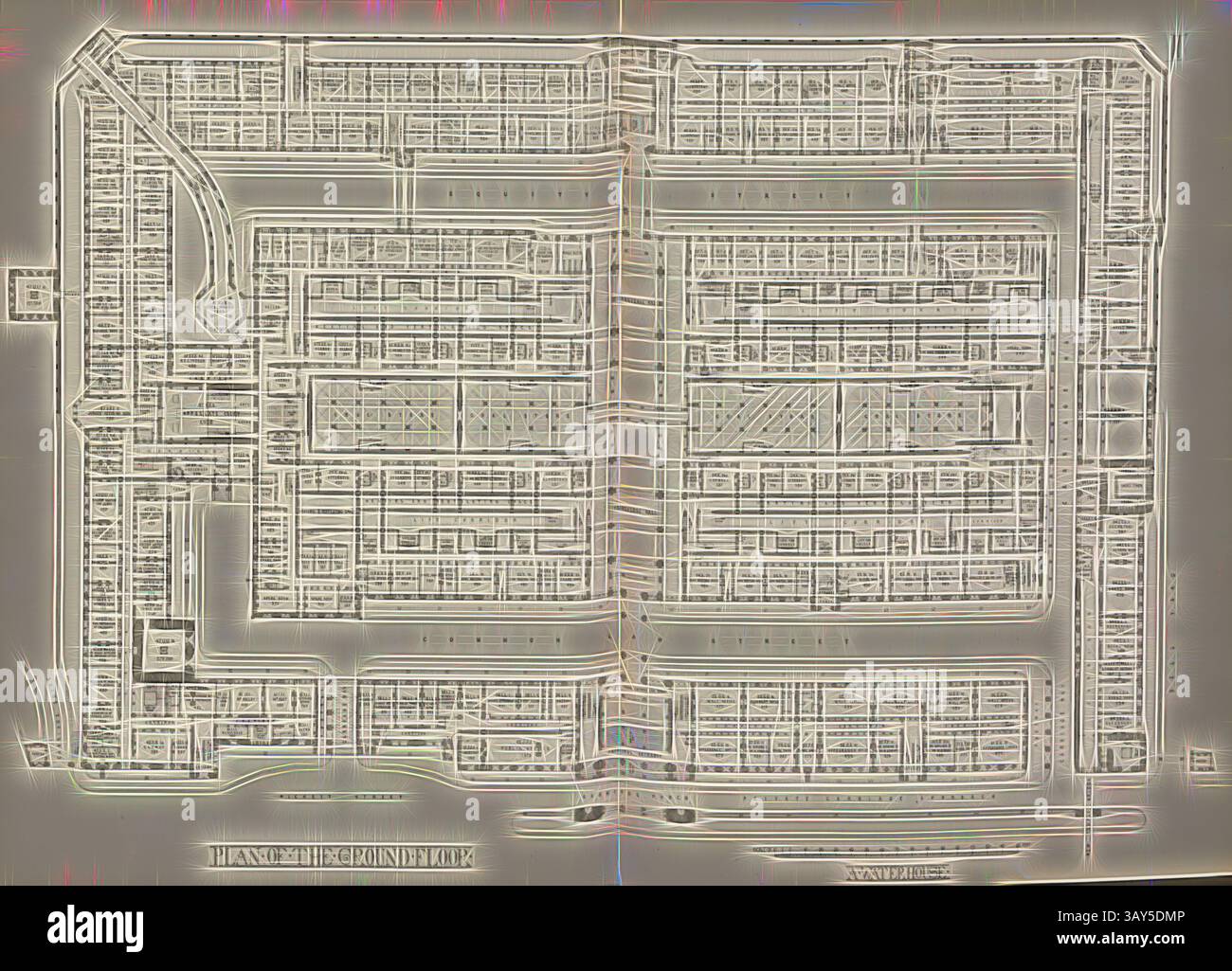 Ein detailliertes Kartenlayout mit zahlreichen Blöcken und Straßen, das ein gut organisiertes Stadtdesign mit mehreren Abschnitten und Wegen zeigt, die sie verbinden., Plan of the Erdgeschoss, Plan of the Erdgeschoss of the Royal Courts of London nach Alfred Waterhouse, TAF. II, nach S. 24, Alfred Waterhouse: Allgemeine Beschreibung des Entwurfs: Gerichtswettbewerb. London: Gedruckt von George E. Eyre und William Spottiswoode: Her Majesty's Stationery Office, 1867, Klassische Kunst mit einem modernen Twist von Artotop Stockfoto