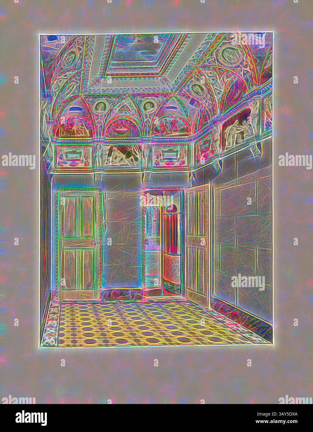 Der faszinierende Innenraum verfügt über kunstvolle architektonische Details, darunter aufwändig gestaltete Decken und gemusterte Böden. Lebendige Farben und leuchtende Umrisse erhöhen die visuelle Komplexität und schaffen eine außerirdische Atmosphäre, die den Betrachter in ein Reich fantasievoller Eleganz zieht., The Lunettes, von Stanfield, R. A. and Uwins, R. A., Dekorative Malerei von Clarkson Stanfield und Thomas Uwins im Octagon Room des Sommerhauses im Garten des Buckingham Palace, TAF. 7, S. 11, Ludwig Gruner; Anna Jameson: Die Dekoration des Gartenpavillons auf dem Gelände von Buckingham Stockfoto