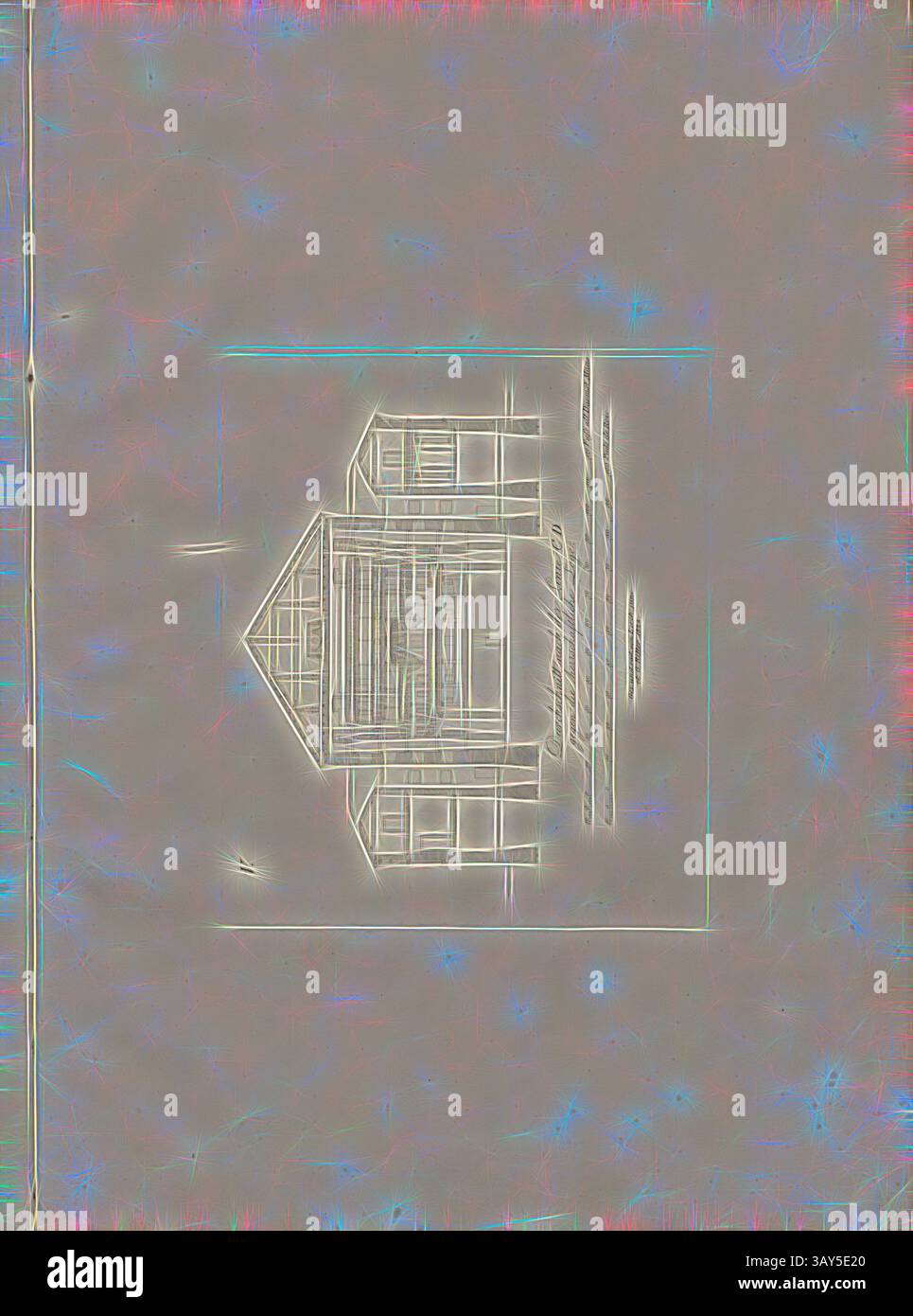 Stilisierte Umrisse eines mehrstöckigen Hauses, mit Spitzdach und großen Fenstern, vor einem strukturierten Hintergrund mit dezentem irisierenden Schimmer., Durchschnitt nach der Linie C D gegen die stattliche Box, Querschnitt des Hoftheaters Darmstadt, signiert: GEZ., und Rad., von den Architekten Lerch Junior et G. Ritter, Blatt V, Lerch Jun. (gez. u. Rad.); Ritter, G. (gez. u. Rad.); Ritter-Theater: Philiszop. Grund- und Aufrisse der merkwürdigsten Gebäude der Residenz Darmstadt für Liebhaber der Bauwissenschaften besonders für Architekten und Stockfoto