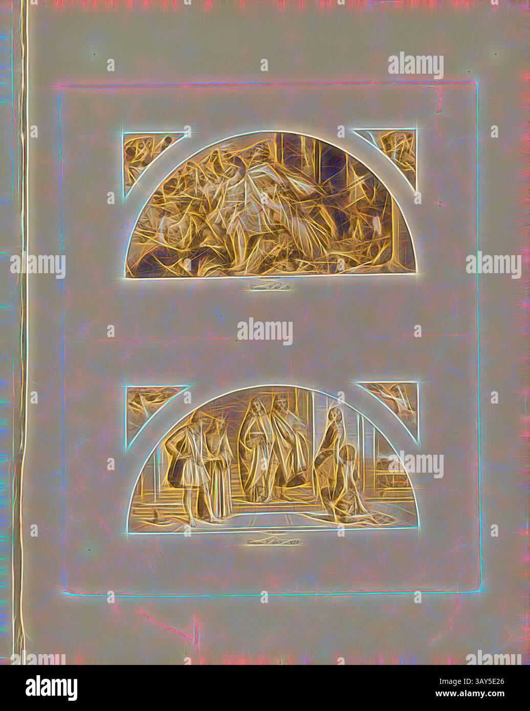 Zwei aufwändig gestaltete Szenen werden in Bogenrahmen dargestellt. Die obere Szene zeigt eine Fülle von Laub, während unten eine Gruppe elegant gekleideter Figuren zu Gesprächen führt. Die gesamte Ästhetik zeichnet sich durch eine sanfte Lumineszenz aus, die dem Kunstwerk eine traumhafte Qualität verleiht., Comus, V. 68-71, Comus, V. 968-975, Wandgemälde mit Szenen aus dem Gedicht „Masque of Comus“ von John Milton (Pavilion, Buckingham Palace Gardens), signiert: E. Landseer, R.A, W. Dyce, A.R.A., (TAF., 9, nach S. 11, Landseer, Edwin; Dyce, William, Ludwig Gruner; Anna Jameson: The Stockfoto