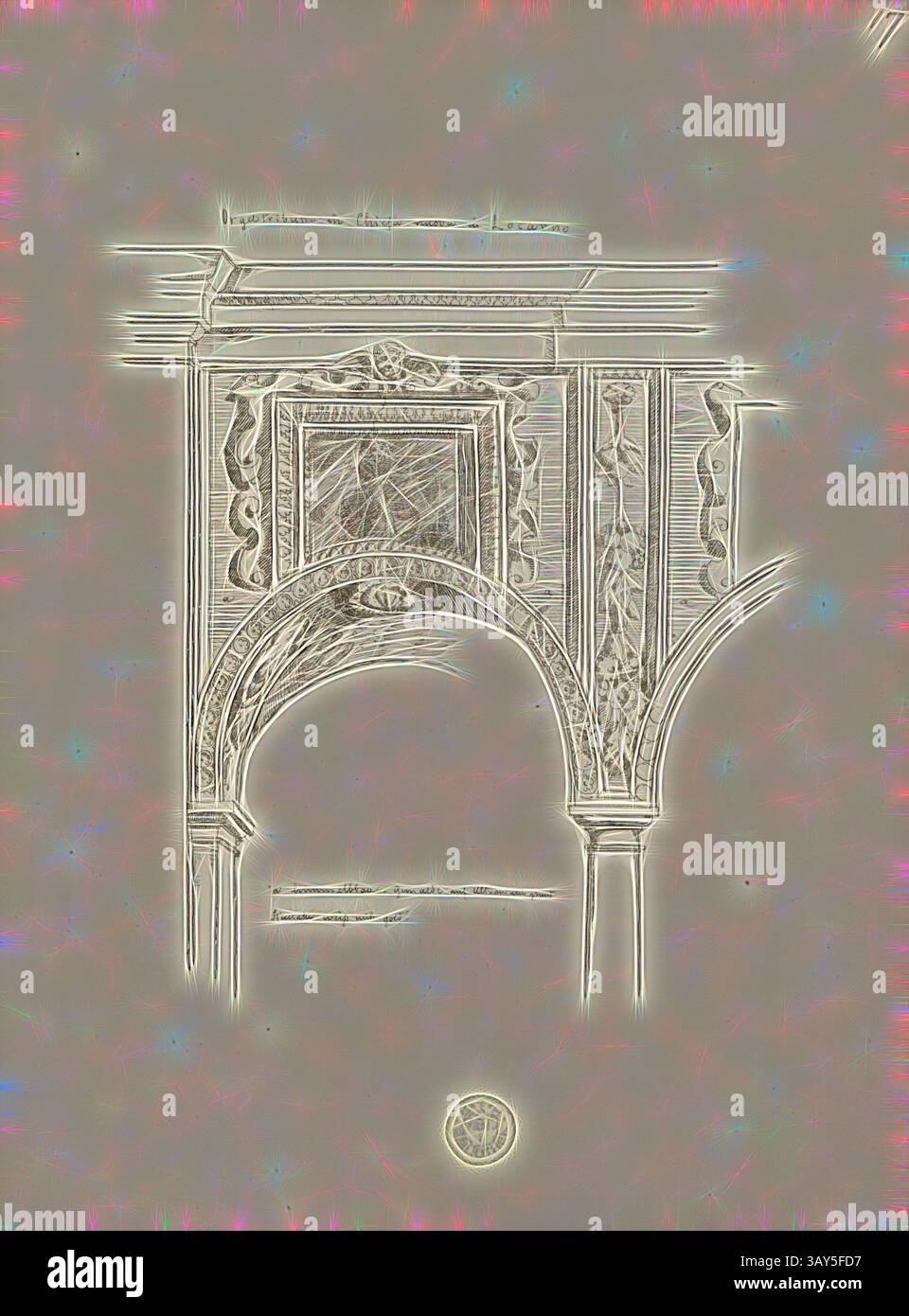 Ein kunstvolles architektonisches Merkmal mit komplizierten Schnitzereien und detaillierten Entwürfen rund um eine Bogenstruktur, die ein Gefühl von Eleganz und historischer Bedeutung vermittelt. Sanfte, farbenfrohe Glimmer unterstreichen die Gesamtkomposition und fügen eine traumhafte Qualität hinzu., Orgeltribüne in der Neuen Kirche in Locarno, Kirche Santa Maria Assunta in Locarno, Abb. 19, laut S. IX, Julius Stadler, Georg Lasius: Exkursion der Bauschule im Juli 1864: [Tessin]. Zürich: [S.n.], [1864?], Klassische Kunst mit modernem Twist, neu interpretiert von Artotop Stockfoto