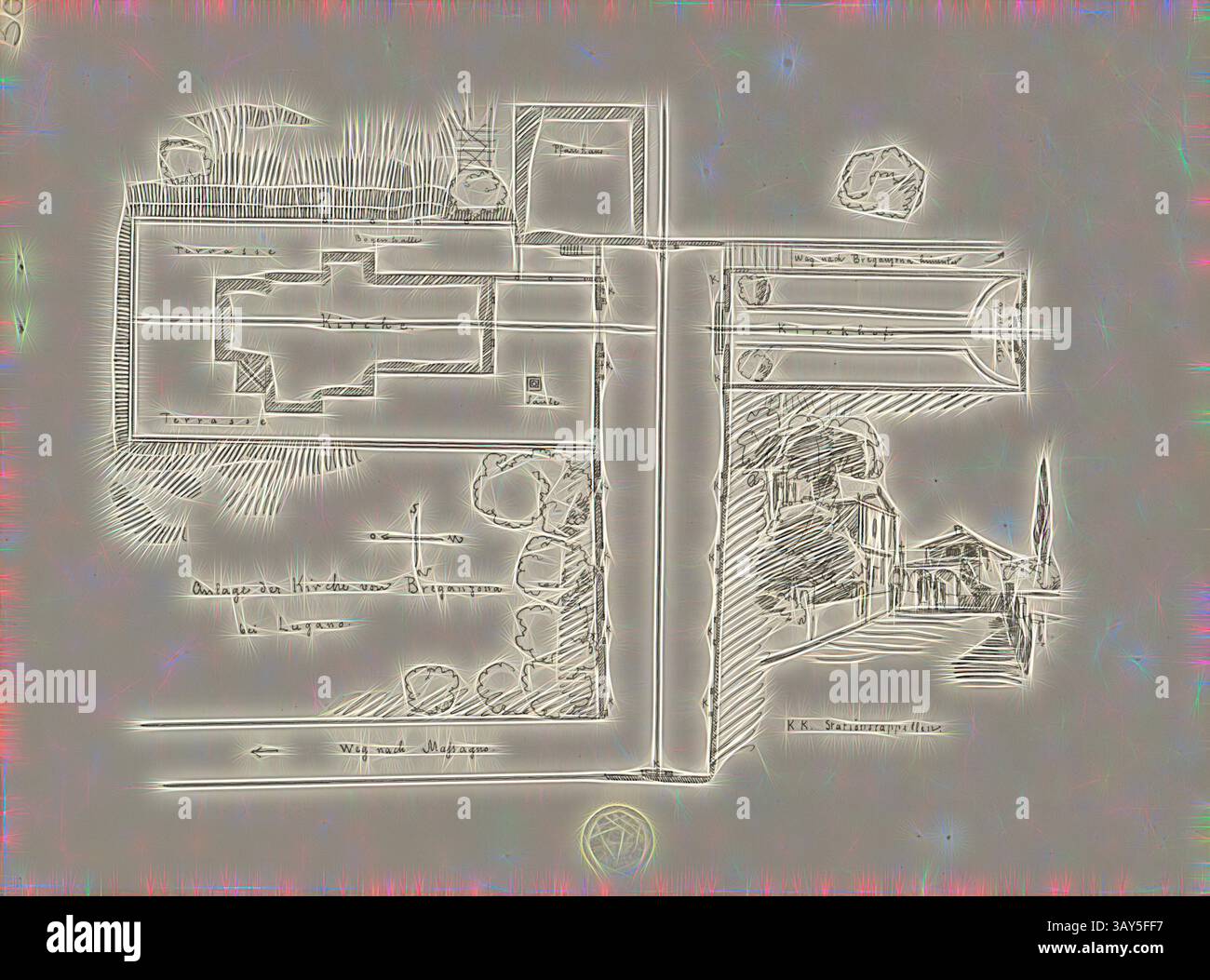 Ein stilisiertes architektonisches Layout mit strukturiertem Design mit miteinander verbundenen Gebäuden, Wegen und Landschaftsbereichen, illustriert mit detaillierten Anmerkungen und Markierungen., Werk der Kirche von Breganzona in Lugano, Plan der Kirche von Breganzona, Abb. 32, laut IX. Julius Stadler, Georg Lasius: Exkursion der Bauschule im Juli 1864: [Tessin]. Zürich: [S.n.], [1864?], Klassische Kunst mit modernem Twist, neu interpretiert von Artotop Stockfoto