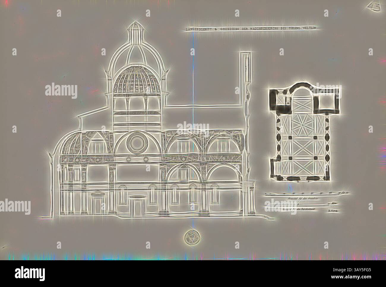 Eine detaillierte architektonische Zeichnung, die ein elegantes Gebäudedesign mit einer markanten Kuppel und komplizierten Fensterstrukturen zeigt, begleitet von einer Schnittansicht, die das innere Layout und die kunstvollen Merkmale hervorhebt., Längsschnitt, Santuario della Madonna von Tirano, signiert: H. Kastorff, Abb. 45, laut S. IX, Kastorff, H. (gez.), Julius Stadler, Georg Lasius: Exkursion der Bauschule im Juli 1864: [Tessin]. Zürich: [S.n.], [1864?], Klassische Kunst mit modernem Twist, neu interpretiert von Artotop Stockfoto