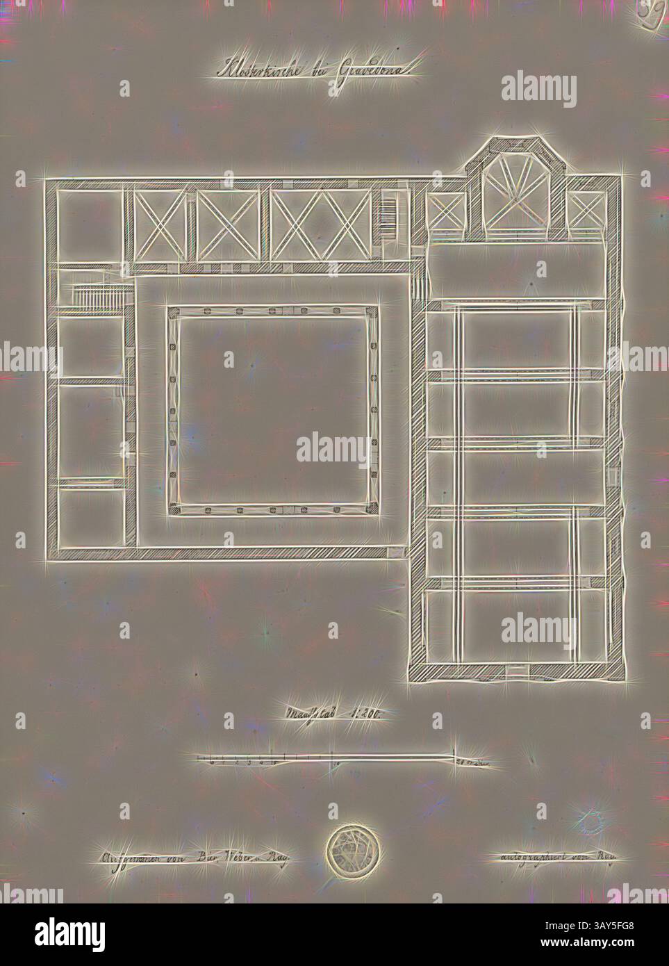 Ein detaillierter architektonischer Entwurf mit symmetrischem Layout, einschließlich eines zentralen Innenhof umgeben von Gebäuden, zusammen mit Anmerkungen und Abmessungen, die Bauelemente und Gestaltungsmerkmale anzeigen., Klosterkirche in Gravedona, Plan der Abtei von Piona bei Gravedona, Abb. 41, laut S. IX, Julius Stadler, Georg Lasius: Exkursion der Bauschule im Juli 1864: [Tessin]. Zürich: [S.n.], [1864?], Klassische Kunst mit modernem Twist, neu interpretiert von Artotop Stockfoto