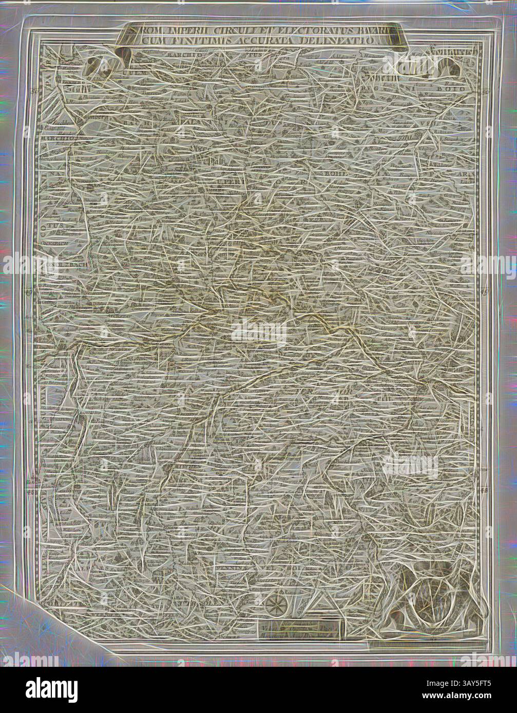 Eine detaillierte Karte mit komplizierten Linien und Grenzen, die verschiedene Regionen und Orte umreißt. Das Design enthält mehrere Titel und Anmerkungen, die einen historischen oder geografischen Kontext widerspiegeln., St. RM. Electoratus-Gruppen und die Regierung Bayerns haben das Nova-Projekt, Landkarte Bayern, Abb. 2, Finckh, Georg Philipp, (del.), 1701, Michael Wening: Historico-topographica descriptio. Beschreibung, dess Churfürsten- und Hertzogthumbs Ober- und Nidern Bayrn, was in vier Theil oder rennt-Aembter, als Oberlands München und Burgkhausen, Underlands aber in Landshuet unnd Stockfoto