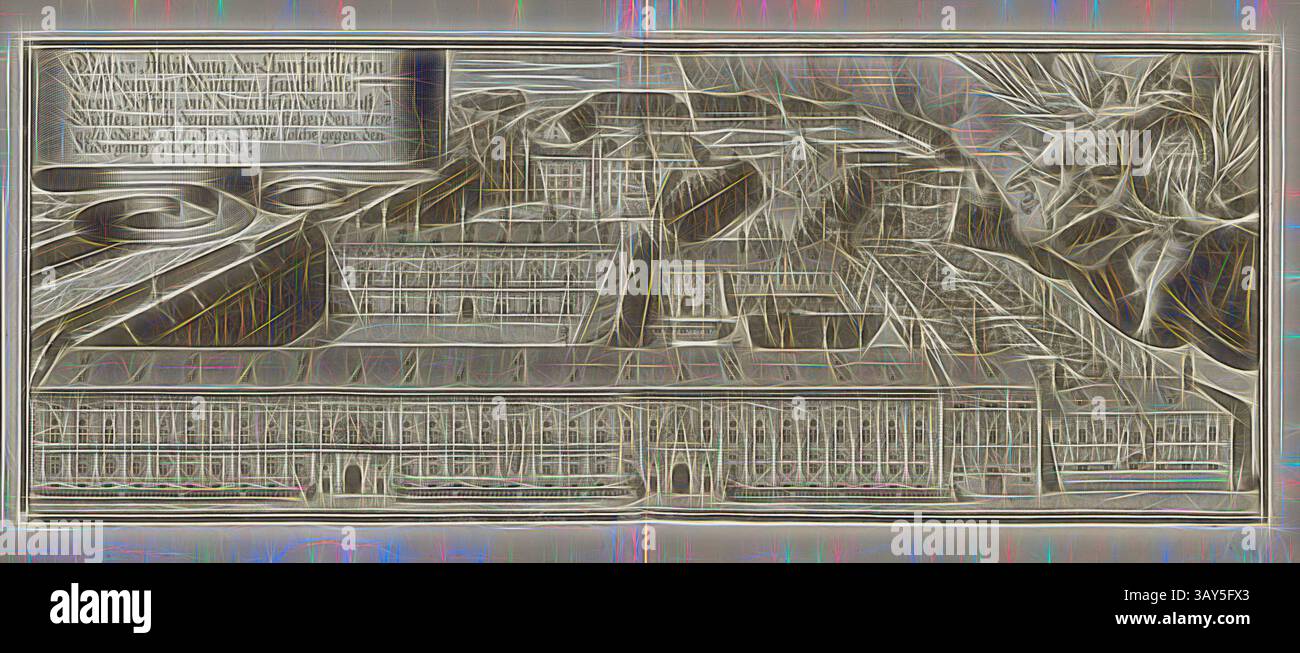 Eine detaillierte architektonische Illustration zeigt einen weitläufigen historischen Gebäudekomplex. Das Design zeichnet sich durch komplexe Linien und strukturierte Formen aus, die Elemente wie Höfe und umgebende Landschaften hervorheben und ein Gefühl von Größe und Geschichte wecken. Wahre Darstellung der Churfürstlichen Residenz in München, Samben aller ihrer Hopfer, und darin Lust-Gärtten, auch dennen Arsenal oder Zeughäussern. Blick gegen den Nidergang, Westansicht der Residenz in München (Deutschland), Abb. 8, S. 2, Michael (del. Et sc.), 1701, Michael Wening: Historico-topographica Stockfoto