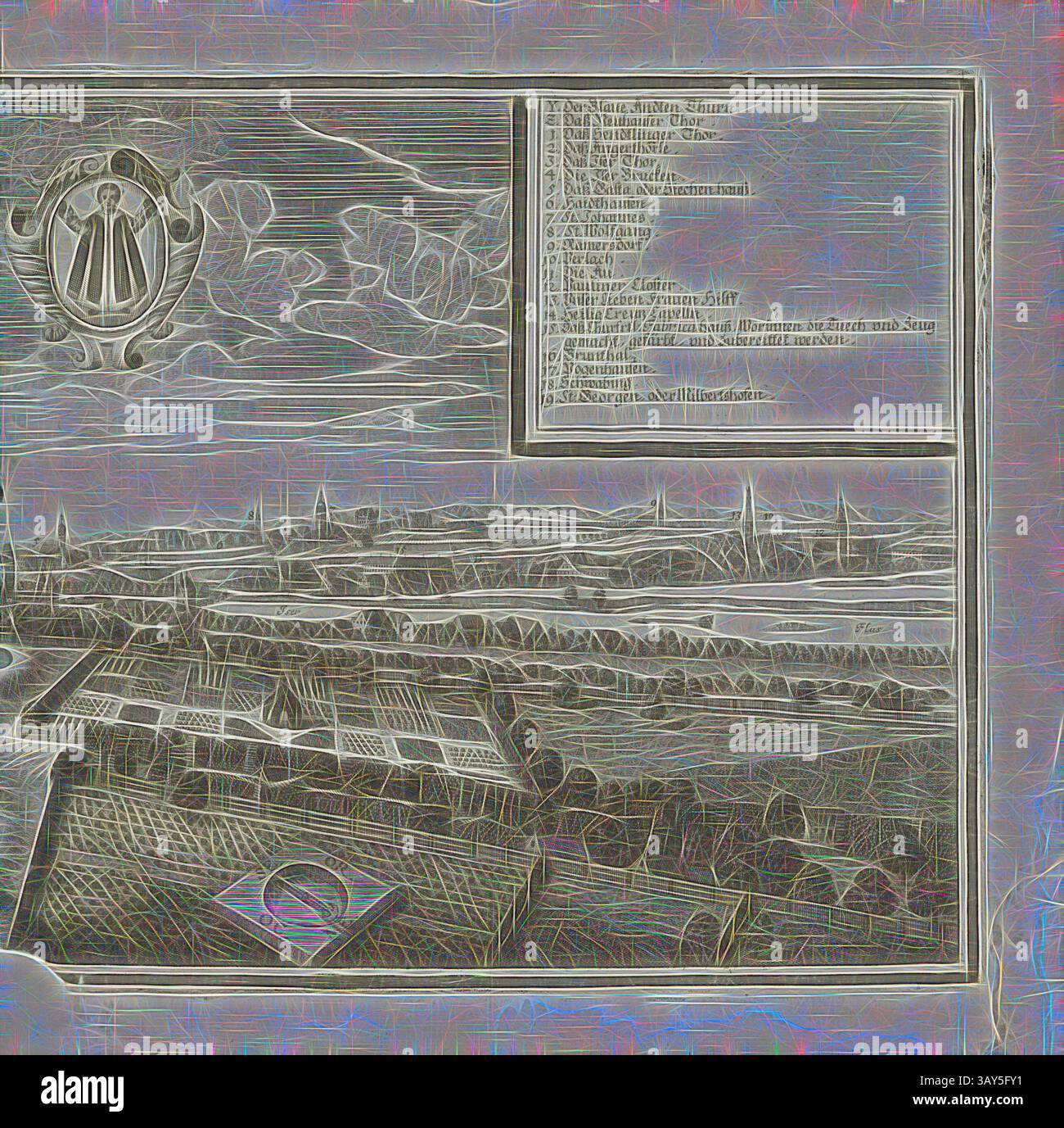 Eine komplizierte Illustration einer historischen Landschaft mit einem detaillierten Layout von Gebäuden, Feldern und natürlichen Elementen, begleitet von kunstvollen dekorativen Elementen und Text, der wichtige Namen und Orte umreißt. Die Szene vermittelt ein Gefühl von Größe und Geschichte und lädt die Zuschauer ein, ihre Bedeutungsebenen zu erforschen., München, München mit Isar (Deutschland), Abb. 4, Wening, Michael (del. Et sc.), 1701, Michael Wening: Historico-topographica descriptio. Beschreibung, dess Churfürsten- und Hertzogthumbs Ober- und Nidern Bayrn, welches in vier Theil oder rennt-Aembter, als Oberlands München Stockfoto