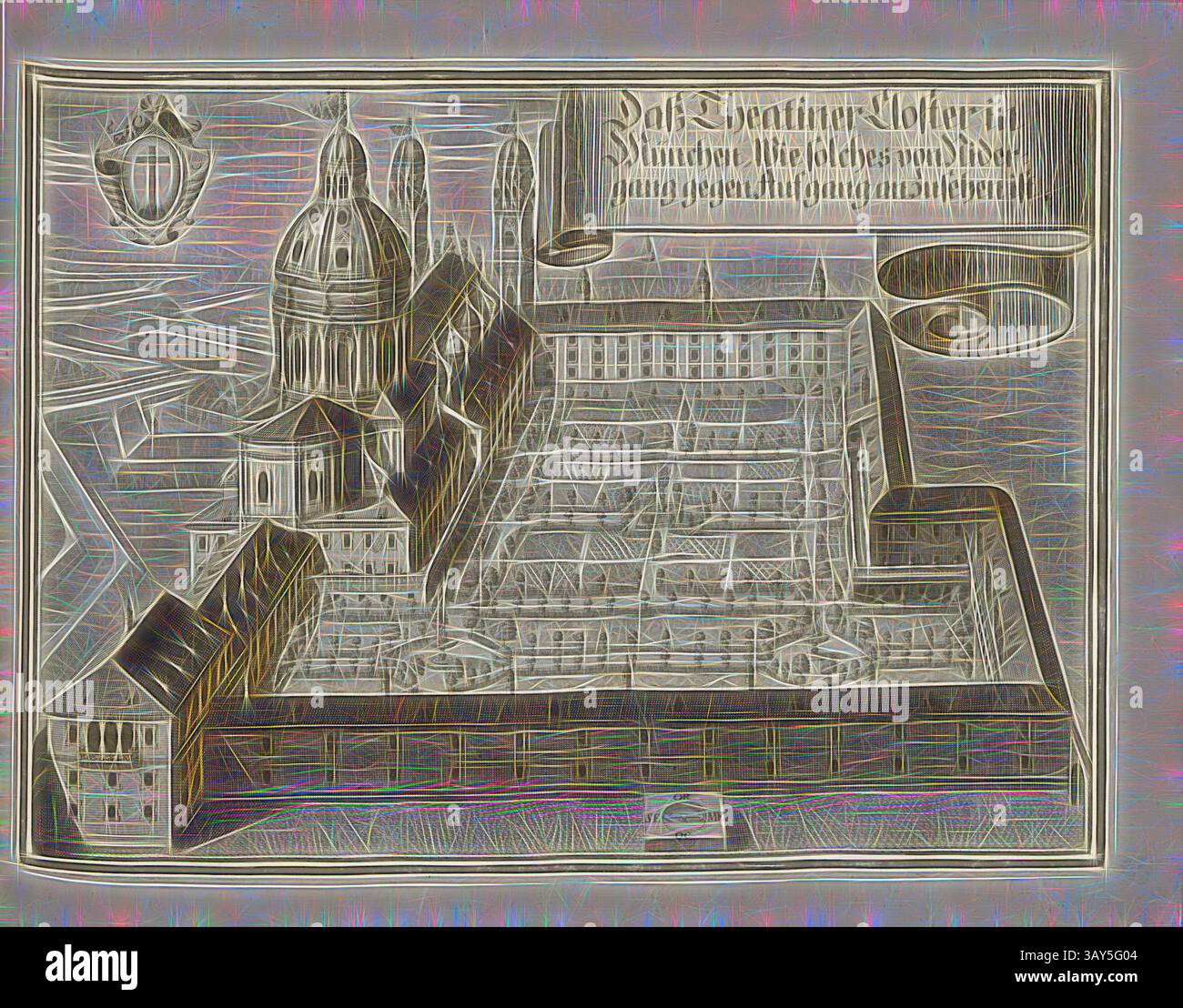 Eine aufwendig detaillierte architektonische Illustration zeigt einen historischen Gebäudekomplex mit einer markanten Kuppel und einer Reihe miteinander verbundener Strukturen. Das Layout ist akribisch angeordnet und hebt Innenhöfe und Wege hervor, mit kunstvollen Elementen, die seine Pracht unterstreichen. Es ist eine Inschrift zu sehen, die wahrscheinlich die Bedeutung des Ortes beschreibt., dass das Theatiner Closter in München von Nidergang Against Rising, Dominikanerkloster Sankt Kajetan und Theatinerkirche in München, Abb. 20, laut S. 16, Wening, Michael (del. Et sc.), 1701, Michael Wening: Historico- Stockfoto