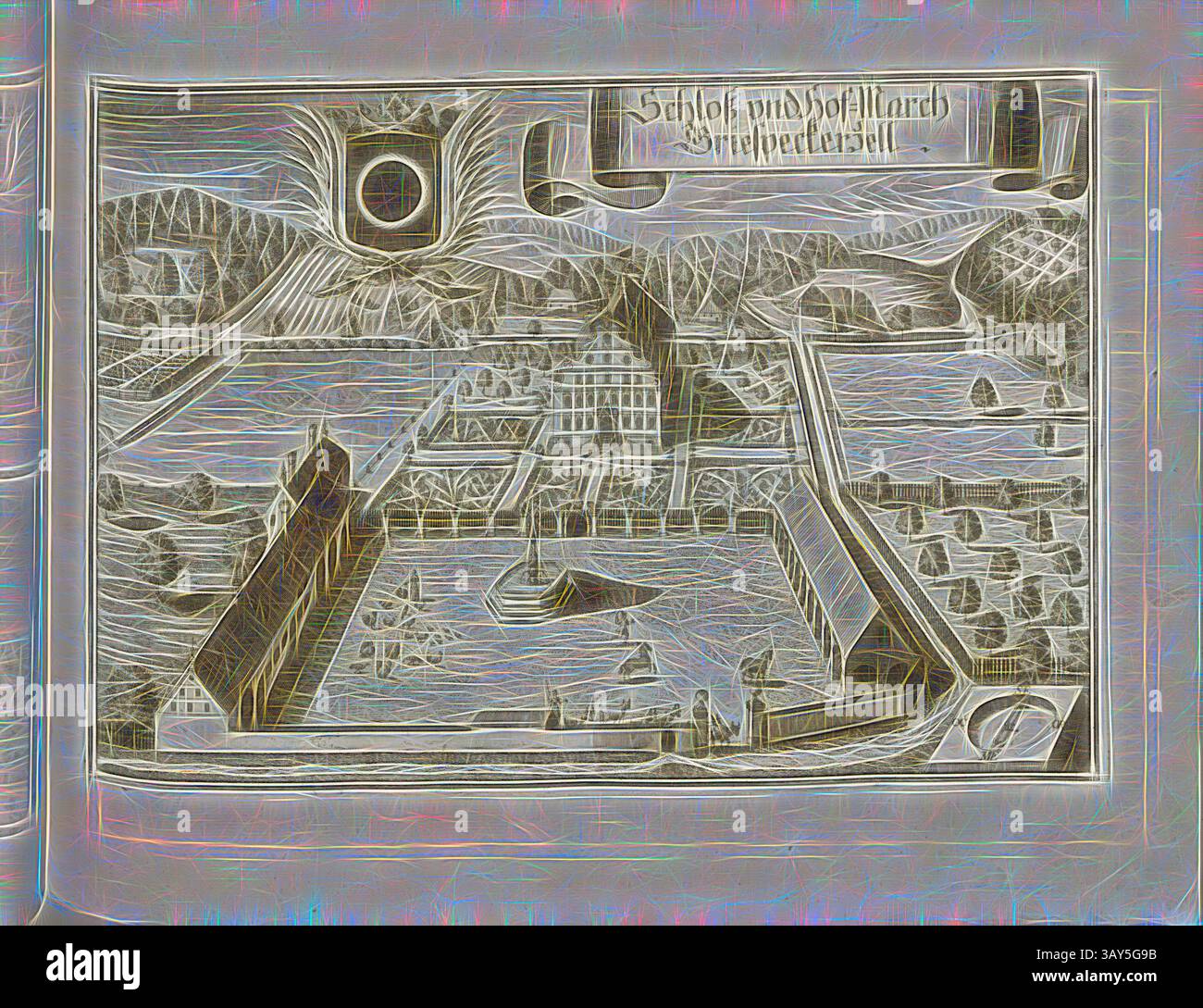 Eine detaillierte Karte, die eine befestigte Siedlung zeigt, umgeben von Wasser- und Landflächen, mit durchgehend markierten Strukturen. Die Landschaft ist komplex, mit Hügeln, Sonne oder Mond am Himmel und verschiedenen Wasserfahrzeugen, die auf eine lebendige Gemeinde in einer natürlichen Umgebung hinweisen., Schloss und Hof-März Griespeckerzell, Schloss und Hofmark Griesbeckerzell in Aichach-Griesbeckerzell in Bayern (Deutschland), Abb. 48, S. 32, Wening, Michael (del. Et sc.), 1701, Michael Wening: Historico-topographica descriptio. Das ist: Beschreibung, dess Churfürsten- und Hertzogthumbs Ober- und Nidern Bayrn Stockfoto