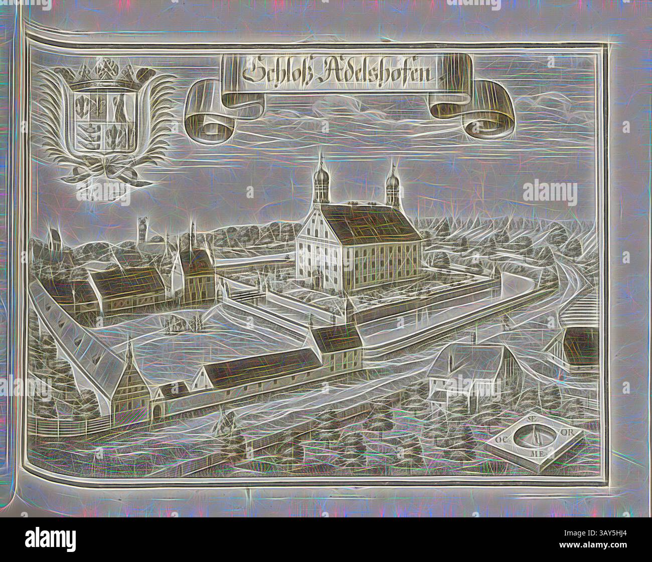 Eine künstlerische Darstellung eines historischen Schlosskomplexes mit komplexen architektonischen Details, umgebenden Strukturen und einer malerischen Landschaft. Elemente wie Türme und Mauern tragen zur Pracht des Gutshofes bei, wobei der oben genannte ornamentale Text die Bedeutung des Gutshofens in Zusammenhang bringt., Schloss Adelshofen, Schloss Adelshofen in Bayern (Deutschland), Abb. 122, S. 66, Wening, Michael (del. Et sc.), 1701, Michael Wening: Historico-topographica descriptio. Beschreibung, dess Churfürsten- und Hertzogthumbs Ober- und Nidern Bayrn, welches in vier Theil oder rennt-Aembter, als Oberlands München Stockfoto