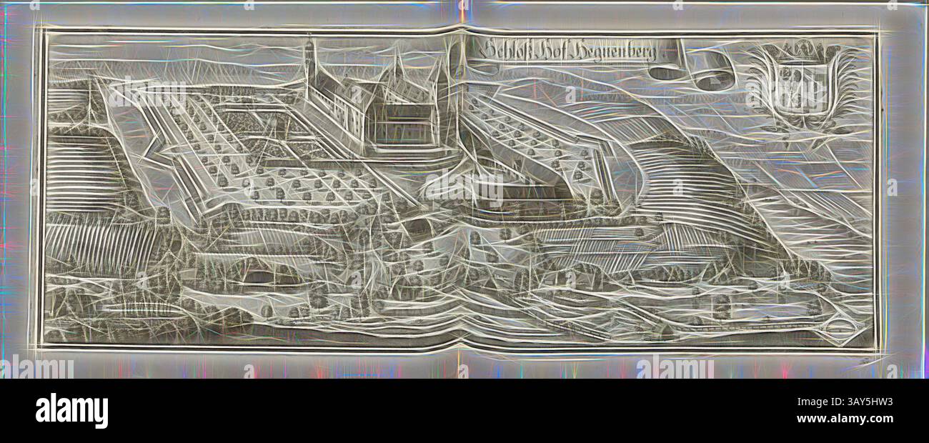 Eine komplizierte Darstellung eines historischen Festungskomplexes mit detaillierten architektonischen Merkmalen, umgebenden Landschaften und Verteidigungsbauten, mit begleitendem Emblem in der Ecke. Schloss Hof Hegnenberg, Schloss Hofhegnenberg in Steindorf in Bayern, Abb. 131, S. 68, Wening, Michael (del. Et sc.), 1701, Michael Wening: Historico-topographica descriptio. Beschreibung, dess Churfürsten- und Hertzogthumbs Ober- und Nidern Bayrn, was in vier Theil oder rennt-Aembter, als Oberlands München und Burgkhausen, Underlands aber in Landshuet unnd Straubing abgetheilt Stockfoto