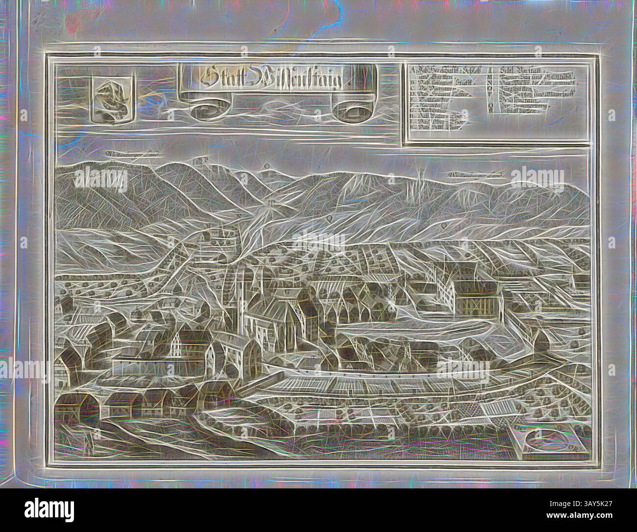 Eine detaillierte Karte oder Illustration, die eine historische Stadt mit Gebäuden, Straßen und umliegenden Landschaften darstellt. Der Entwurf betont die Topographie und Architektur des Gebiets und gibt einen Einblick in die historische Umgebung und Gemeindestruktur. Statt Wissen, Wiesensteig bei Geislingen in Bayern, Abb. 240, S. 126, Wening, Michael (del. Et sc.), 1701, Michael Wening: Historico-topographica descriptio. Das ist: Beschreibung, dess Churfürsten- und Hertzogthumbs Ober- und Nidern Bayrn, das in vier Theil oder rennt-Aembter, als Oberlands München und Stockfoto