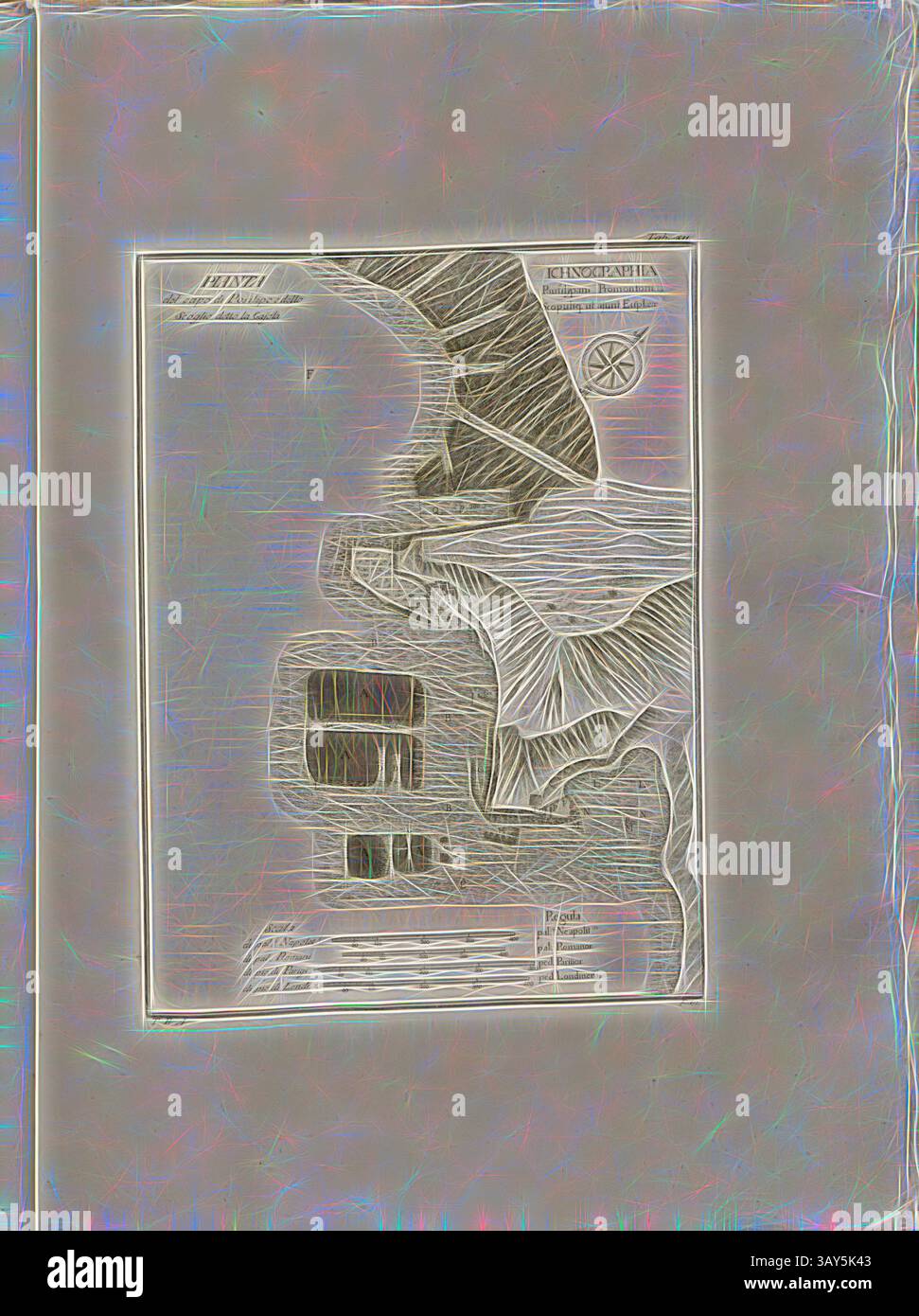 Eine stilisierte Karte, die eine Küstenregion darstellt, mit komplizierten Linien und Mustern, die geografische Merkmale umreißen, mit Symbolen, die verschiedene Sehenswürdigkeiten anzeigen. Die Komposition betont den Kontrast zwischen Land und Wasser und zeigt eine Mischung aus natürlichen Formationen und von Menschen geschaffenen Strukturen., Plan des Kopfes von Posilipo und Scoglio genannt la Gaiola, Karte der Halbinsel Gaiola, signiert: T. R. A, Tab. XII, Rajola, Tommaso (del.), 1768, Paolo Antonius Paoli: Avanzi delle antichita esistenti a Pozzuoli Cuma e Baja. [Neapel]: [S.n.], Anno A.C.N.MDCCLXVIII. [1768], Klassische Kunst mit Moderne Stockfoto