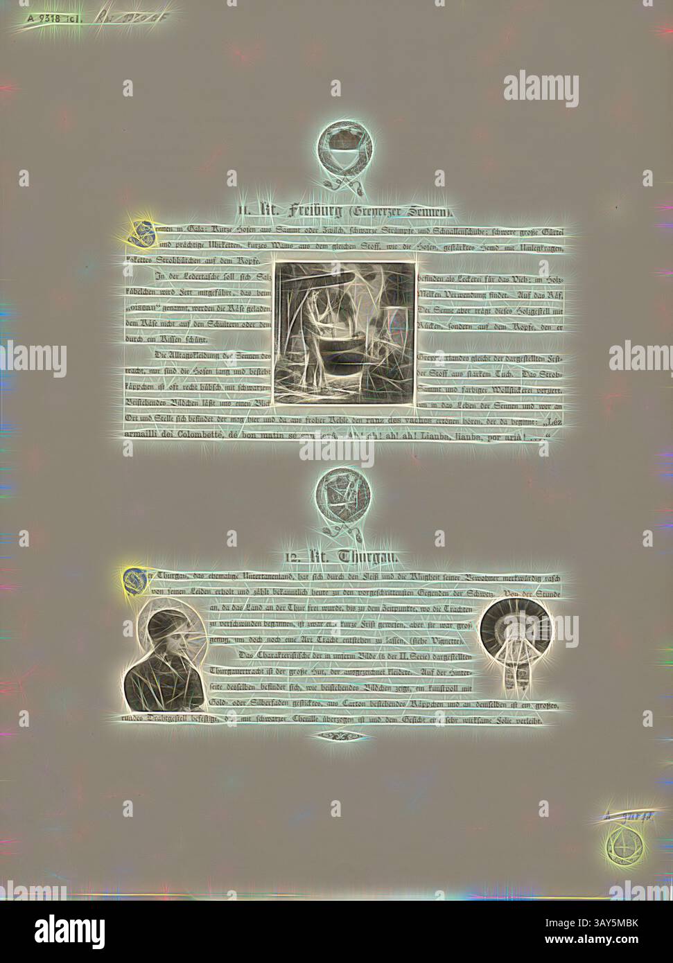 Das Bild zeigt eine Seite mit Text und Illustrationen, auf der bedeutende historische Figuren oder Konzepte dargestellt werden. Es gibt visuelle Elemente wie Porträts und künstlerische Merkmale, die den Inhalt wichtiger Denker oder Ideen betonen. Das Layout scheint die Zusammenhänge zwischen den Figuren und ihren Beiträgen hervorzuheben und lädt zu Reflexionen über ihre Auswirkungen ein., KT. Freiburg und KT. Thurgau, Greyerzer Sennen, Kopfbedeckung der Thurgauer Tracht und Wappen der Kantone Freiburg und Thurgau, Abb., 19, S. 32, ganz, Rudolf (Fotografische Aufnahmen); Polygraphisches Institut ( Stockfoto