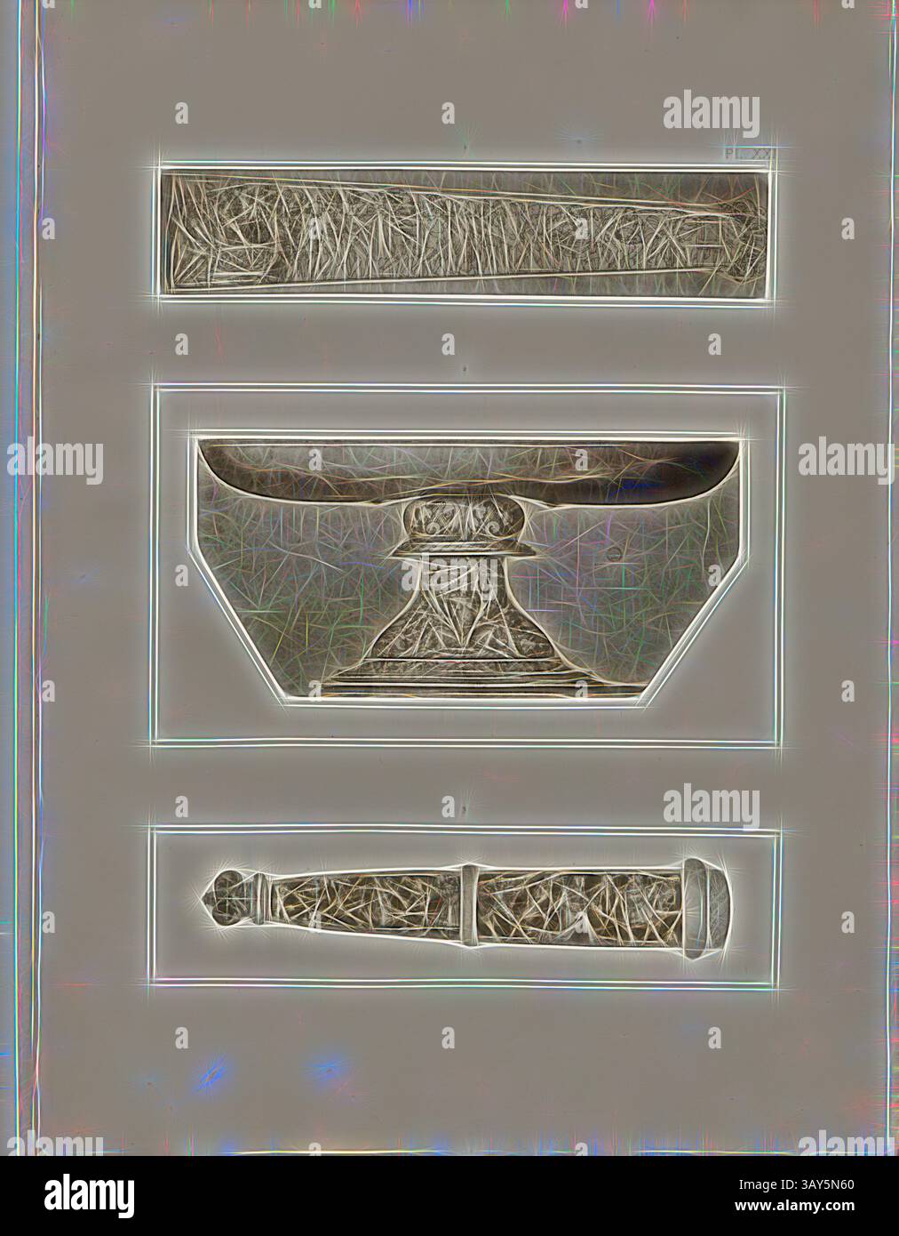 Eine Sammlung von aufwändig gestalteten dekorativen Objekten mit einer Schüssel, einer rechteckigen Schale und einem schlanken zylindrischen Stück, jedes mit einzigartigen Mustern und Texturen., dekorierte Abdeckungen für Dolche und Muscheln, Skizze eines römischen Triumphprozesses, ornamentierter Fuß einer Schüssel und Tanz des Todes, PL. XXI, nach XLIII, Holbein, Hans (dess.); Boussod, Valadon & Cie (Hrsg.), Eduard His: Dessins d’ornements de Hans Holbein: fac-simile en photogravure. Paris: Boussod, Valadon & Cie, Editeurs, 1886, Klassische Kunst mit modernem Touch, neu gestaltet von Artotop Stockfoto