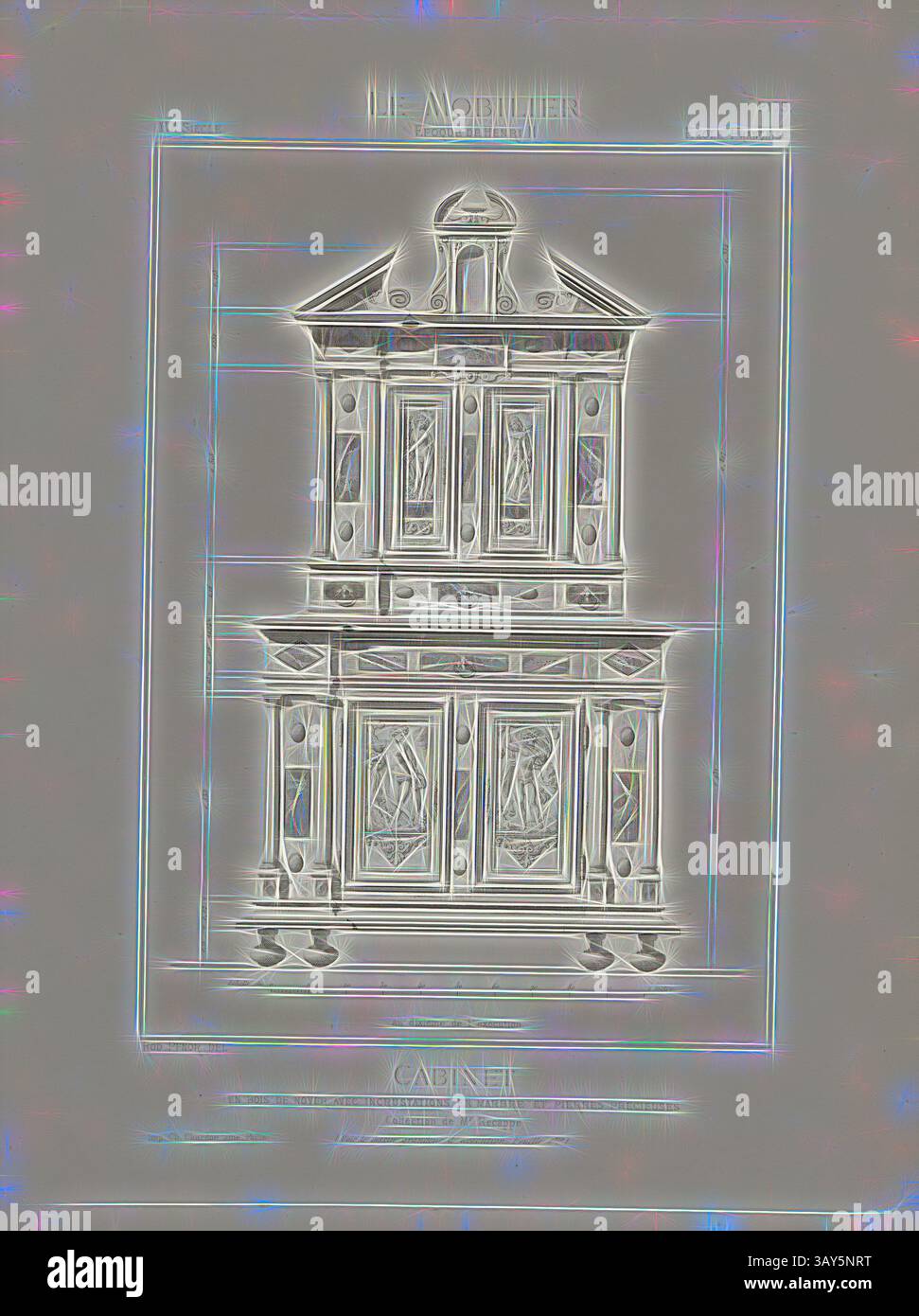 Eine detaillierte architektonische Zeichnung eines kunstvollen Schranks mit komplizierten Designs und dekorativen Elementen. Das Gebäude verfügt über mehrere Regale und Türen, die Handwerkskunst und Eleganz betonen. Schrank getrunken Nussbaum mit eingelegtem Marmor und Edelsteinen. Sammlung von Mr. Recappe, Möbel aus Nussbaum aus dem 16. Jahrhundert (Stil Henri II), signiert: Rod., Pfnor del, Imp. Kap. Chardon ainé, PL. 3, S. 8, Pfnor, Rodolphe (del.); Chardon, CH. ainé (Imp.), Rodolphe Pfnor: Le mobilier de la couronne et des grandes Collections publiques et particulières du XIIIe siècle au XIXe siècle: mobilier Civil Stockfoto