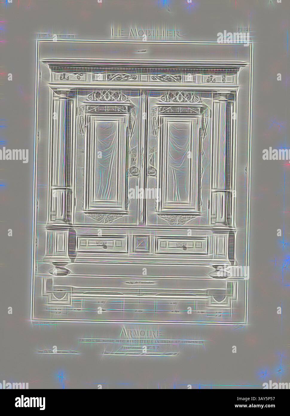 Ein kunstvoll verziertes Schrankdesign mit aufwändigen Schnitzereien und dekorativen Details, das Eleganz und Handwerkskunst in Szene setzt. Das Stück steht mit reflektierendem Finish, das seine künstlerischen Eigenschaften unterstreicht. Kabinett aus Nussbaum mit Ebenholz- und Zitroneneinlegearbeit, Möbel aus dem 17. Jahrhundert, Datum geschätzt, signiert: Rod., Pfnor del, C. Brück; Imp. Kap. Chardon ainé, Pl. 21, nach S. 8, Pfnor, Rodolphe (del.); Brück, CH. (sc.); Chardon, CH. ainé (Imp.), Rodolphe Pfnor: Le mobilier de la couronne et des grandes Collections publiques et particulières du XIIIe siècle au XIXe siècle: mobilier Civil. Mobilier religieux Stockfoto