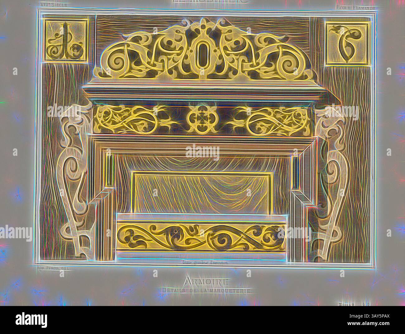 Ein kunstvoller Kaminmantel zeigt komplizierte Schnitzereien und dekorative Blüten, mit einer Mischung aus eleganten Kurven und geometrischen Mustern, die die historische Handwerkskunst unterstreichen. Das Design strahlt ein Gefühl von Größe und Raffinesse aus und lenkt die Aufmerksamkeit auf die Kunstfertigkeit., Garderobendetails der Intarsie eines Kabinetts aus dem 17. Jahrhundert, signiert: Rod., Pfnor del, PL. 22 et 23, nach S. 8, Pfnor, Rodolphe (del.), Rodolphe Pfnor: Le mobilier de la couronne et des grandes Collections publiques et particulières du XIIIe siècle au XIXe siècle: mobilier Civil. Mobilier religieux Stockfoto