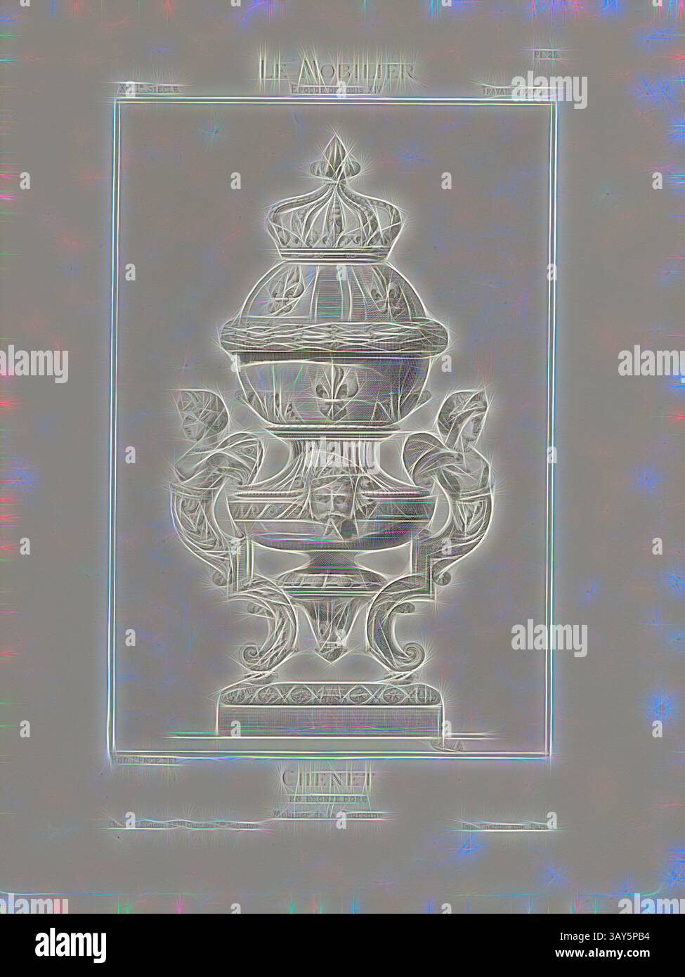 Eine kunstvoll verzierte Urne mit komplizierten Mustern und einem dekorativen Deckel, die künstlerische Handwerkskunst und historische Eleganz zeigt. Chenet vergoldete Bronze. Kronmöbel, Firebock aus dem 17. Jahrhundert (Stil Henri IV.), signiert: Rod., Pfnor del, C. Buck; CH. Juliot Redakteur; Imp. Chardon ainé, PL. 25, S. 8, Pfnor, Rodolphe (del.); Bück, CH. (sc.); Juliot, CH. (Hrsg.); Chardon ainé (Imp.), Rodolphe Pfnor: Le mobilier de la couronne et des grandes Collections publiques et particulières du XIIIe siècle au XIXe siècle: mobilier Civil. Mobilier religieux. Meubles, Tentures, Tapisserien Stockfoto