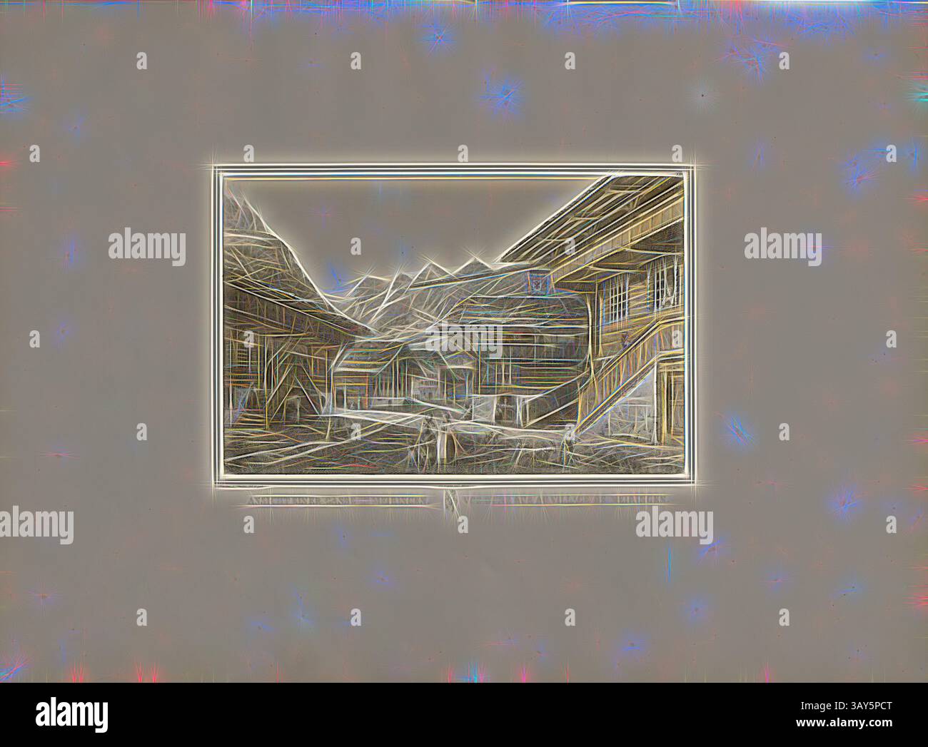 Eine stilisierte Darstellung einer bergigen Landschaft mit zerklüfteten Gipfeln und einer Reihe von architektonischen Strukturen, die in das Gelände eingebettet sind, eingerahmt von einer künstlerischen Grenze. Lebhafte Farben entstehen subtil aus den Umrissen und fügen der ruhigen Szene ein dynamisches Element hinzu., Ansicht einer Gasse in Meiringen, Paralleltitel: Vue d'une Rue au Village de Meiringen, Illustration einer alltäglichen Szene in einer Gasse in Meiringen aus dem 19. Jahrhundert, signiert: Graffenried & Stürler del. & Pub, J.F., Wagner inct., Bern, Platte XIII, zu S, 20, Graffenried, Karl Adolf von (del. et publ.); Stürler, Gabriel Ludwig Rudolf Stockfoto