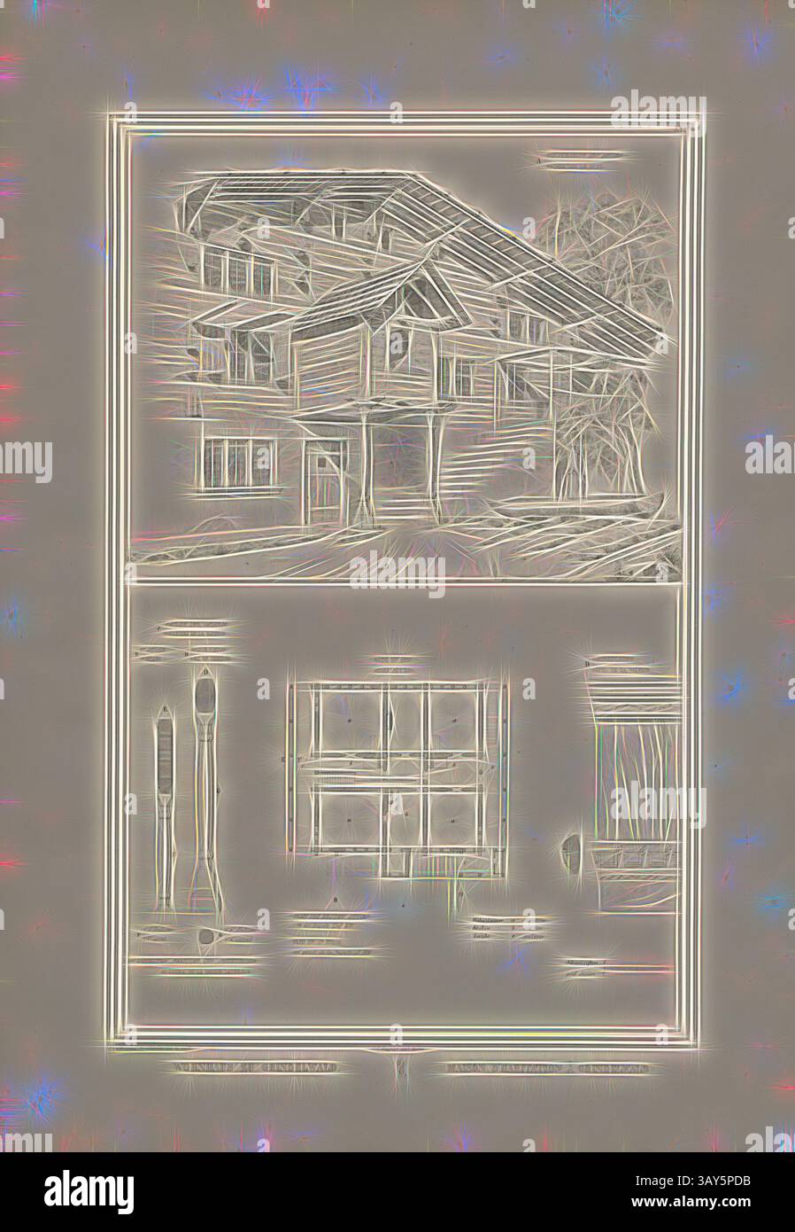 Eine stilisierte Darstellung zeigt ein modernes Haus mit einem einzigartigen architektonischen Design, mit großen Fenstern und einem abgewinkelten Dach. Unten sind zwei Pinsel und ein Fensterrahmen hervorgehoben, die auf Themen Kreativität und Handwerk hinweisen., Wohnhaus zu Grindelwald 4, Maison d'habitation à Grindelwald, Illustration der Rückseite und Grundrisse des Wohnhauses in Grindelwald (Baujahr 1830) aus dem 19. Jahrhundert, signiert: Graffenried & Stürler del & publ, J.F. Wagner inct., Bern, Platte XX, nach S. 20, nach S. 20, Graffenried, Karl Adolf von (del. et publ.); Stürler Stockfoto