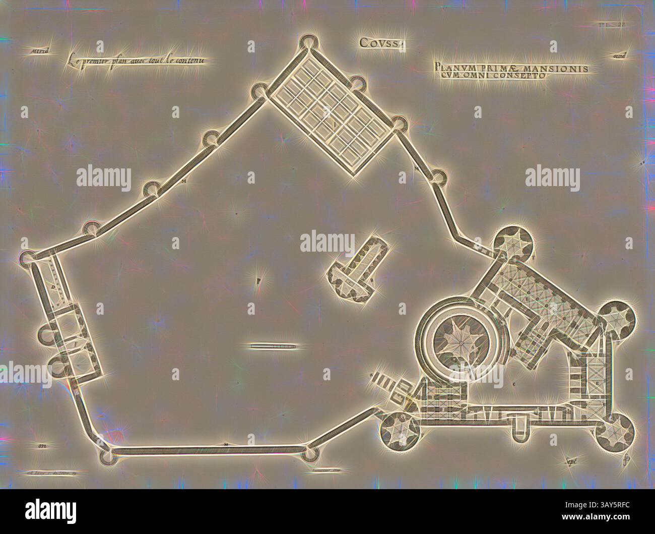 Ein detaillierter architektonischer Plan, der ein komplexes Layout mit verschiedenen geschlossenen Räumen, kreisförmigen Strukturen und einem markanten zentralen Merkmal darstellt, alle mit komplizierten Linien und Etiketten markiert., Coussi. Der Vordergrund mit allen Inhalten, Grundriss der Château de Coucy in Coucy-le-Château-Auffrique (Frankreich), signiert: FD; Imp. Lemercier; A. Levy, Abb. 28, T. 1. 27., Cerceau, Jacques Androuet du (del.); Faure-Dujarric, Pierre-Lucien (sc.); Imprimerie Lemercier (Imp.); Levy, A. (Hrsg.), 1868, Jacques Androuet du Cerceau; Hippolyte A. Destailleur: Les plus Excellents Bastiments de France. Paris: A Stockfoto