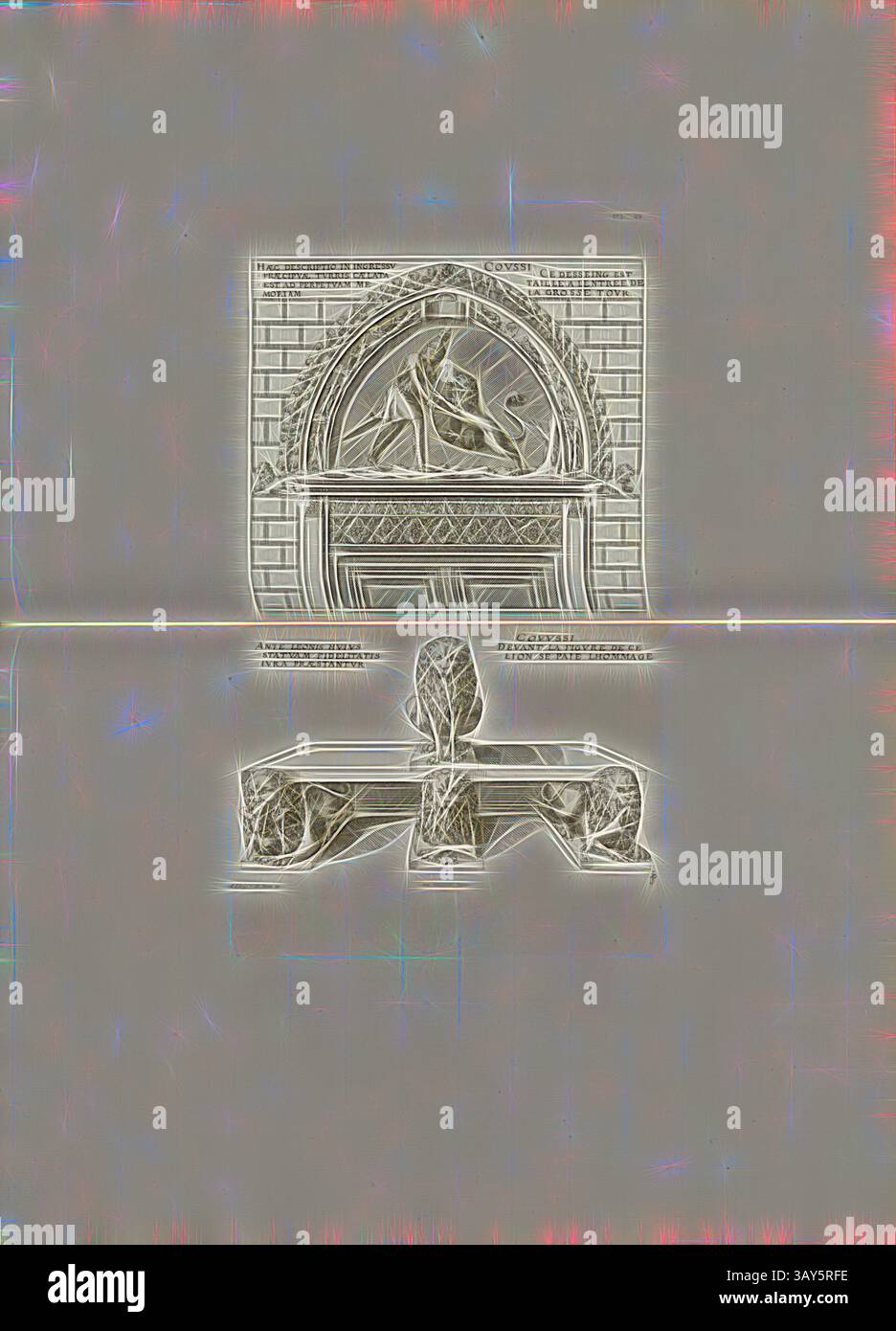 Ein dekoratives architektonisches Merkmal zeigt komplexe Designs mit einer markanten gewölbten Oberseite und detaillierten Verzierungen, ergänzt durch einen stilisierten unteren Bereich mit einem zentralen Baummotiv. Die Gesamtkomposition vermittelt ein Gefühl von Eleganz und Kunstfertigkeit., Coussi. Diese Wohnung hat eine Größe am Eingang des großen Turms und der Coussi. Vor der Figur dieses Löwen wird geehrt, Figuren in der Château de Coucy in Coucy-le-Château-Auffrique (Frankreich), signiert: FD; Imp. Lemercier; A. Levy, Abb. 30, T. 1. 29., Cerceau, Jacques Androuet du (del.); Faure-Dujarric, Pierre-Lucien (sc Stockfoto